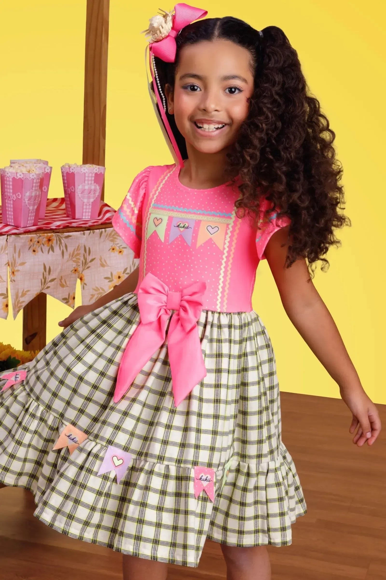 Vestido Junino Fashion em Malha Power e Tecido Xadrez 100% Algodão 97816 Kukiê Infantil Menina