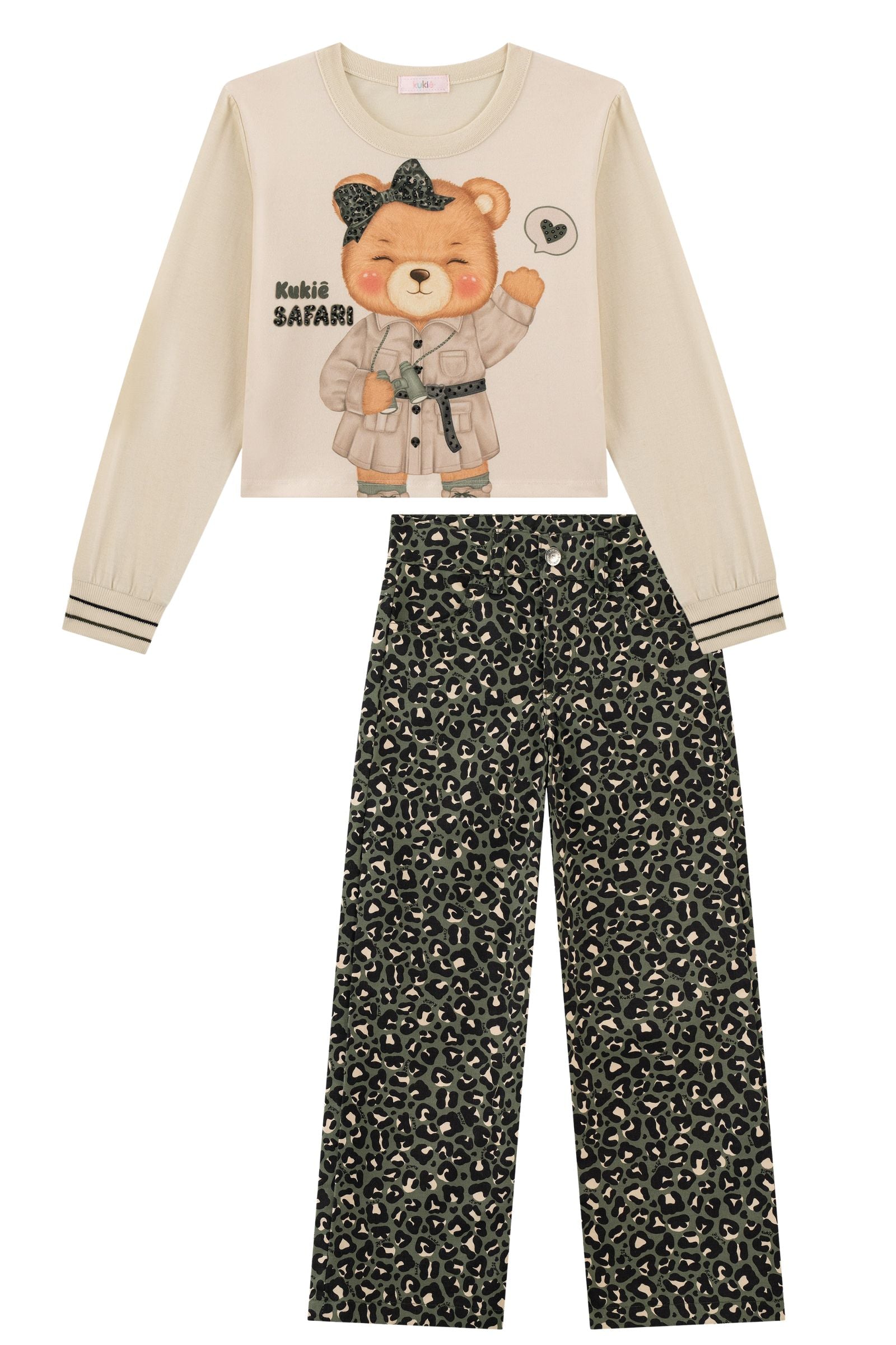 Conjunto de Blusa Boxy em Meia Malha e Calça Reta em Sarja com Elastano 90676 Kukiê Infantil Menina