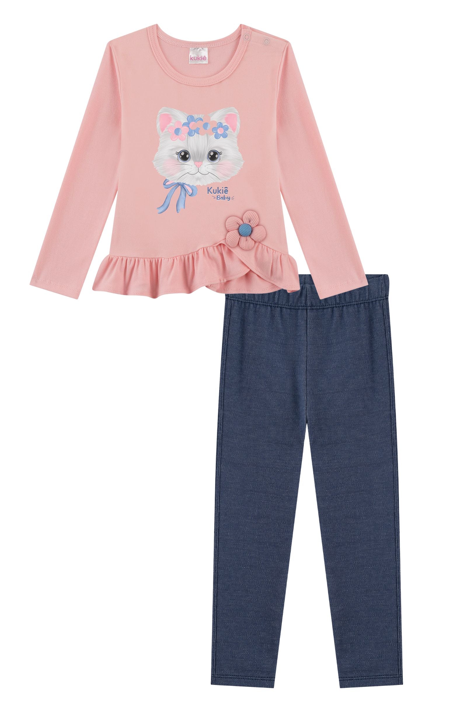 Conjunto de Blusa em Cotton e Calça em Malha Denim com Elastano 91882 Kukiê Bebê Menina