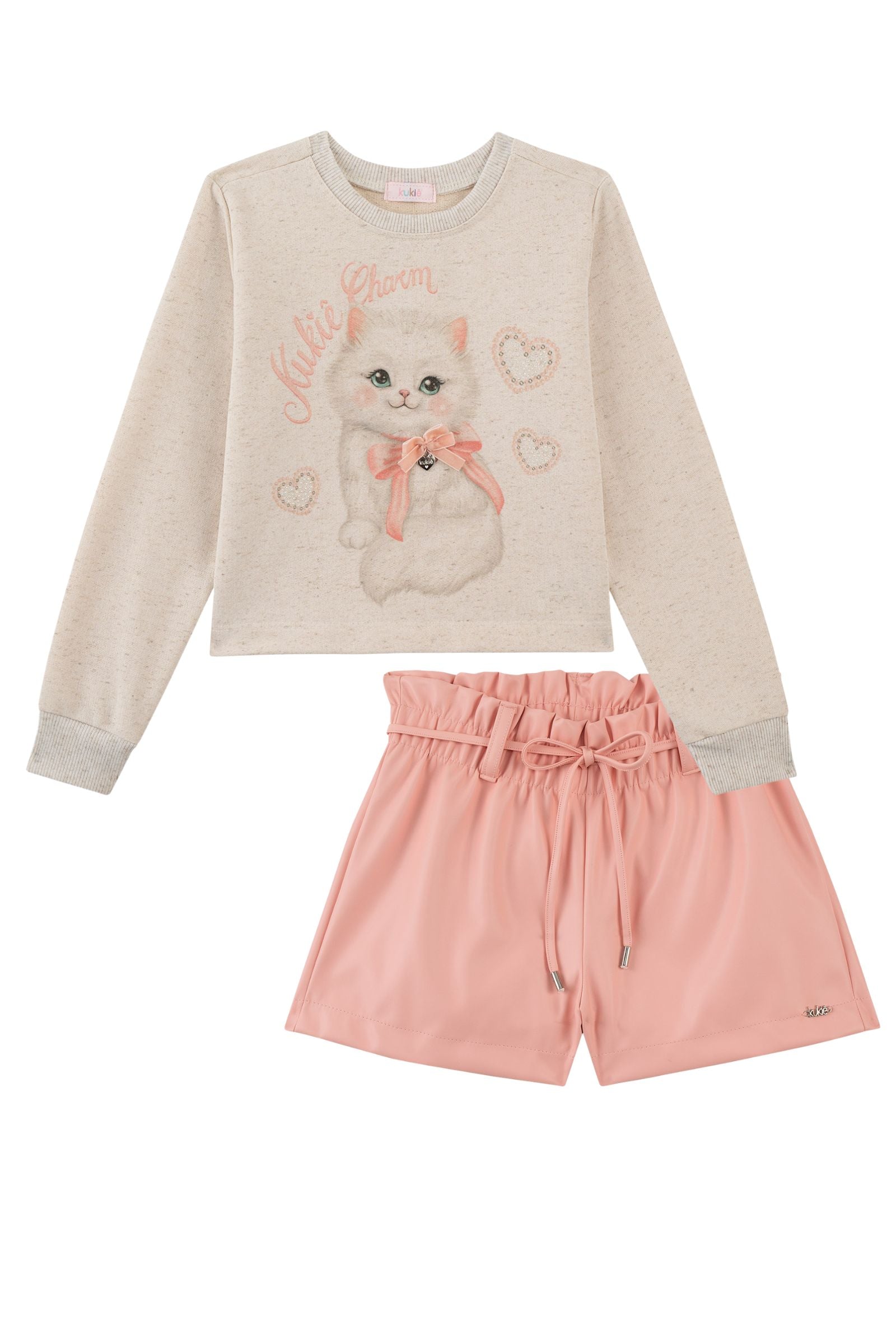 Conjunto de Blusão Boxy em Moletom Linho sem Pelúcia e Shorts em Couro Eco  93778 Kukiê Infantil Menina