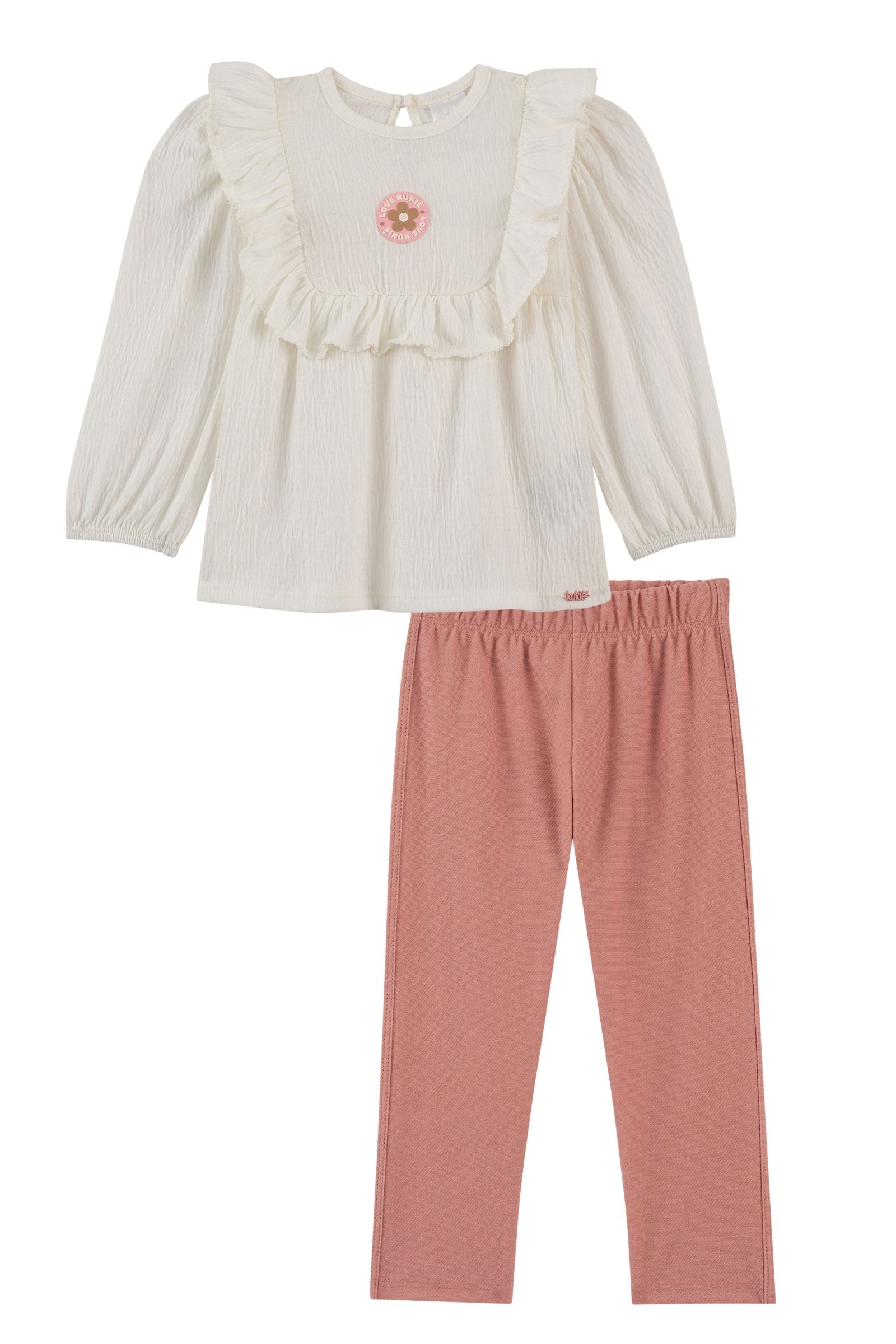 Conjunto de Bata em Malha Wave e Calça Legging em Cotton Jeans 92171 Kukiê Bebê Menina