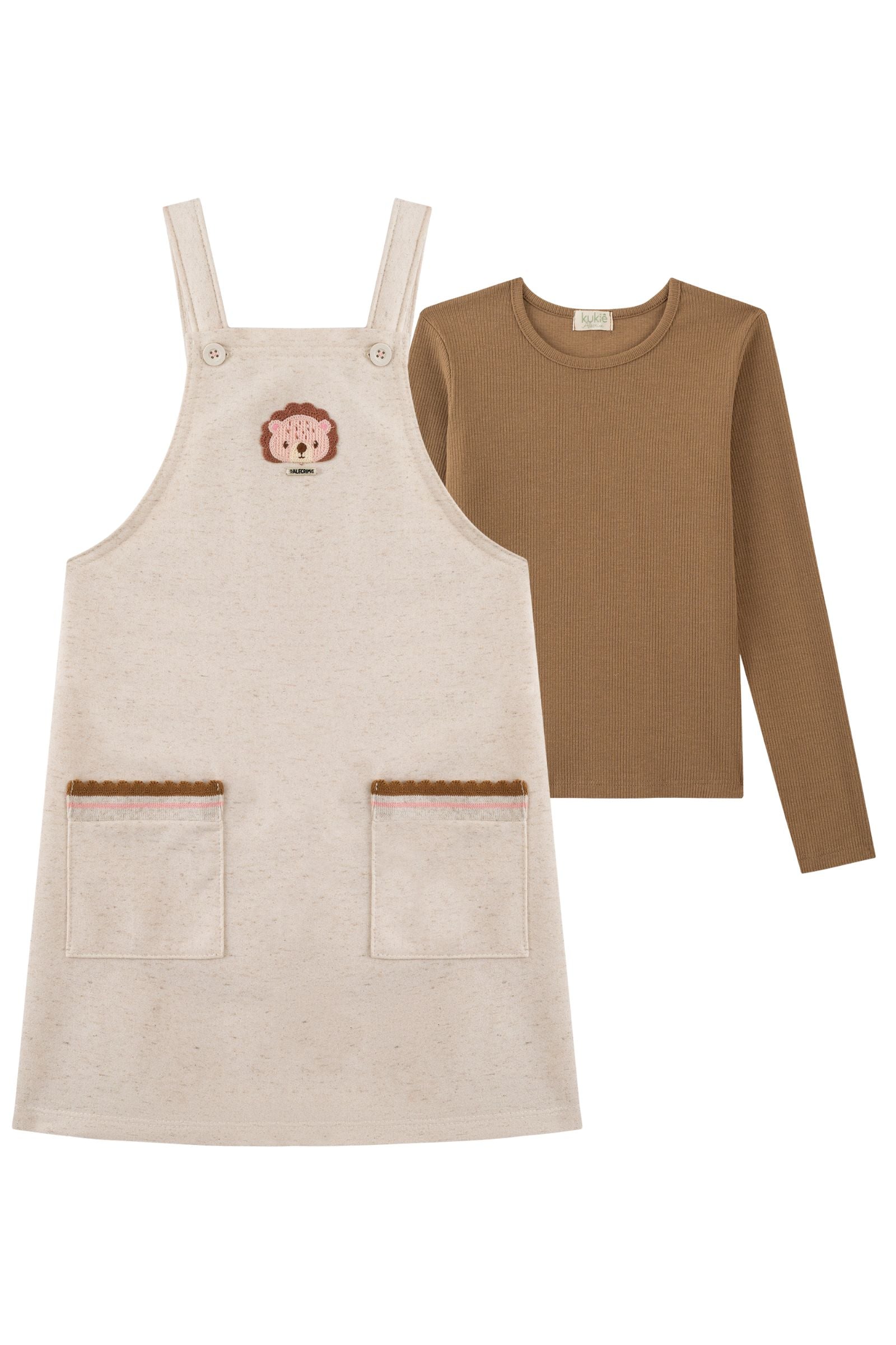 Conjunto de Blusa em Canelado e Salopete em Moletom Linho sem Pelúcia 89904 Kukiê Infantil Menina