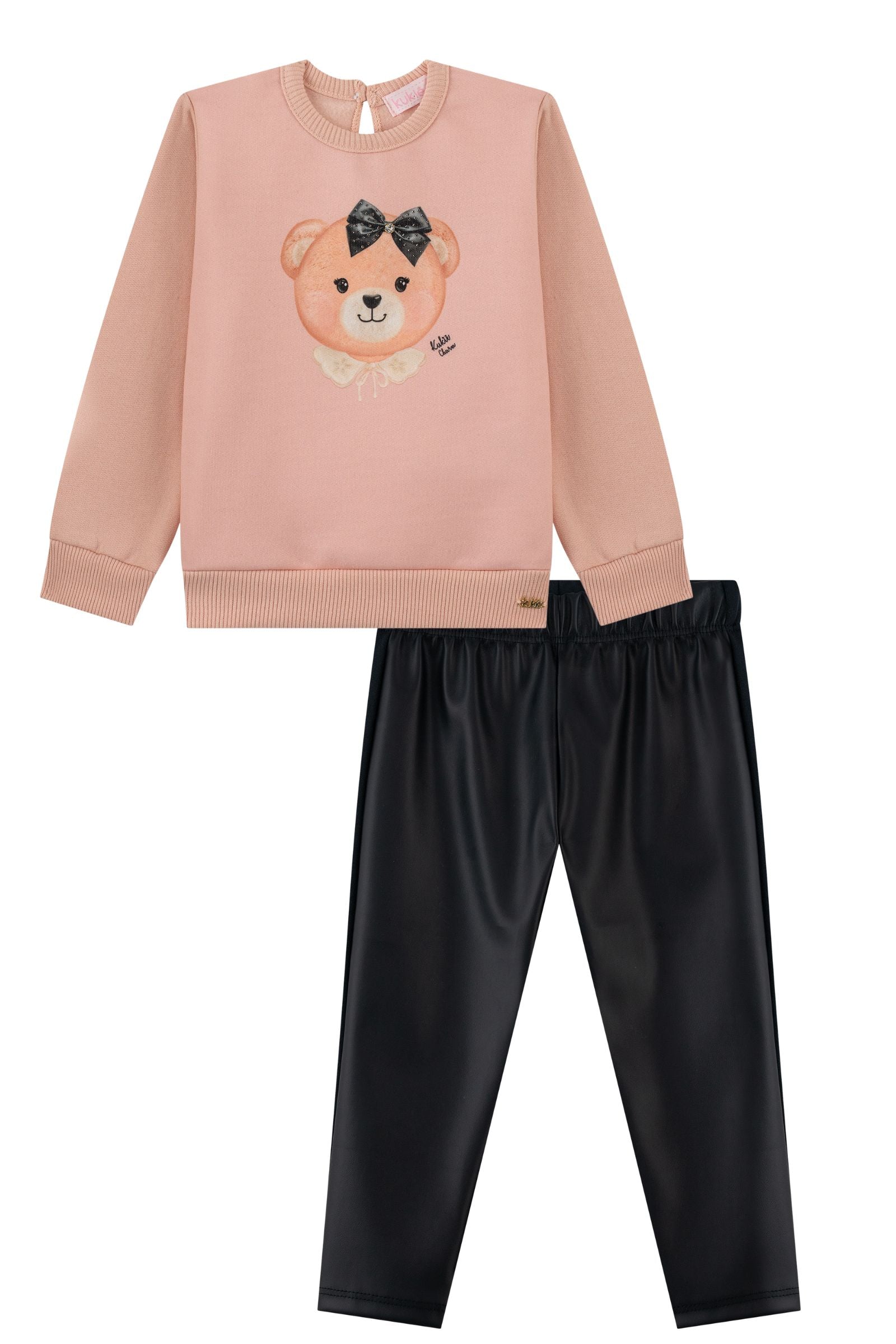 Conjunto de Blusão em Moletom com Pelúcia e Calça Legging em Couro Eco e Termoskin 92133 Kukiê Bebê Menina