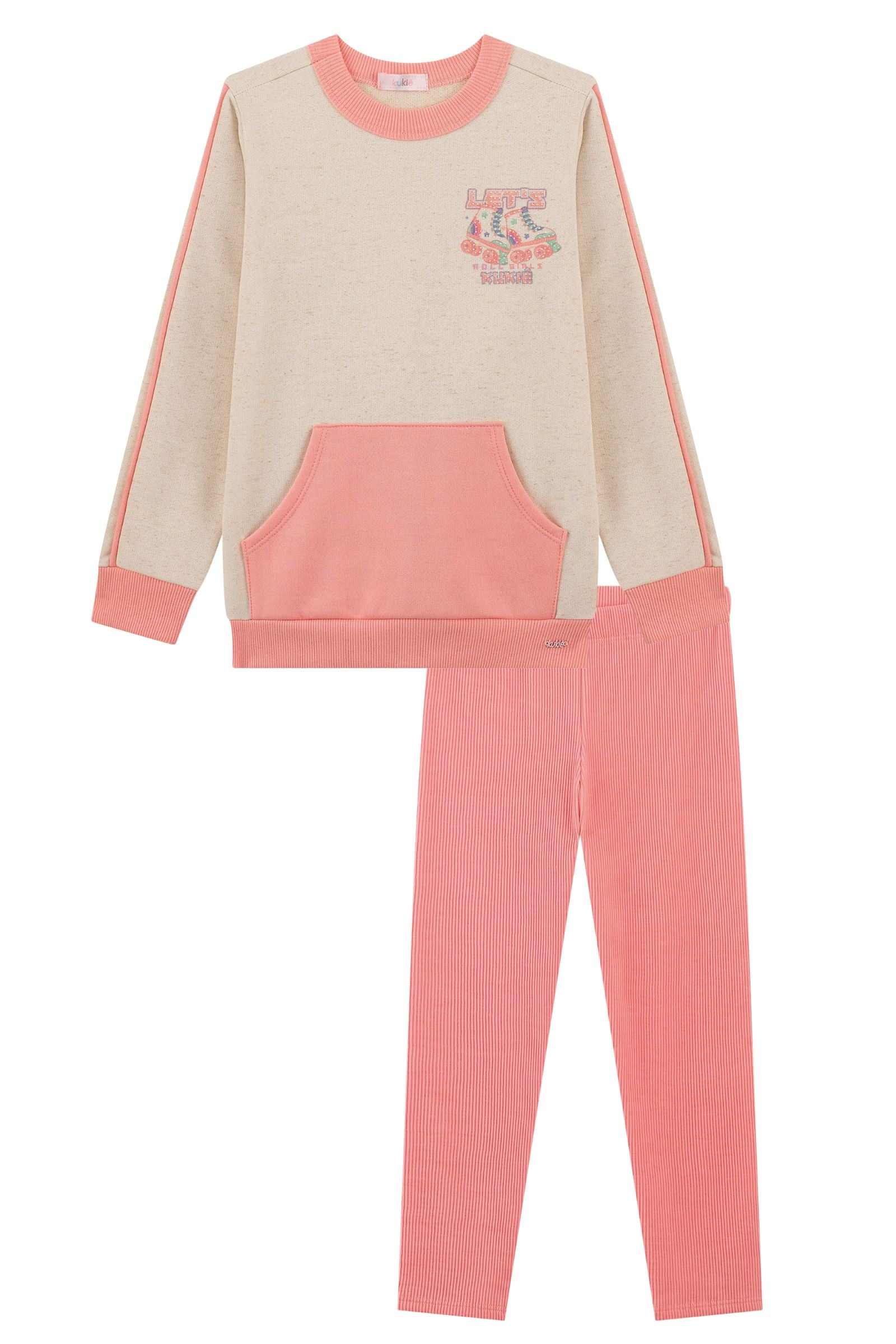 Conjunto de Blusão Alongado em Moletom Linho S/ Pelúcia e Calça Legging em Soft Line 90654 Kukiê Infantil Menina