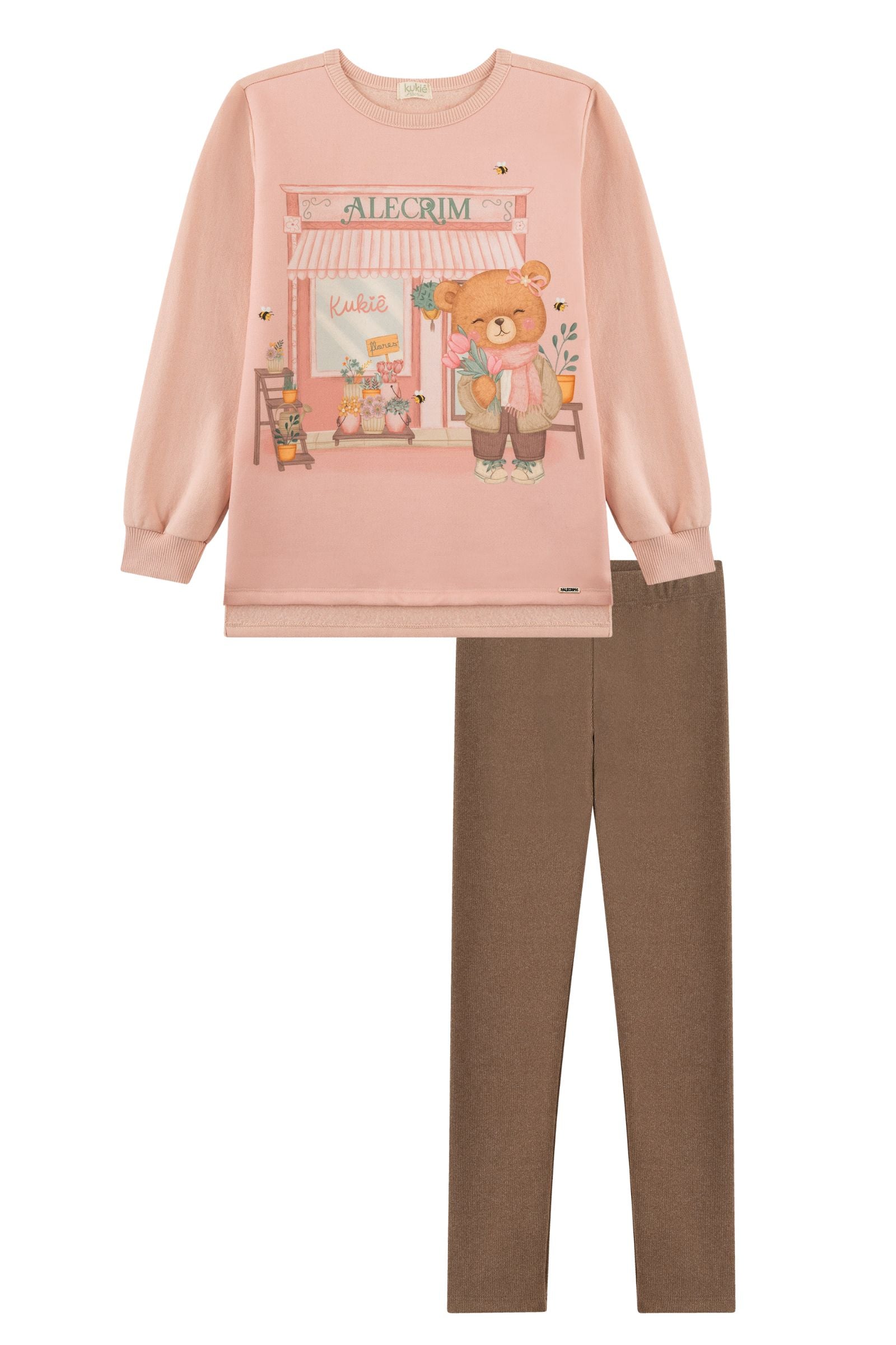 Conjunto de Blusão Alongado em Moletom com Pelúcia e Calça Legging em Canelado Comfy 89561 Kukiê Infantil Menina