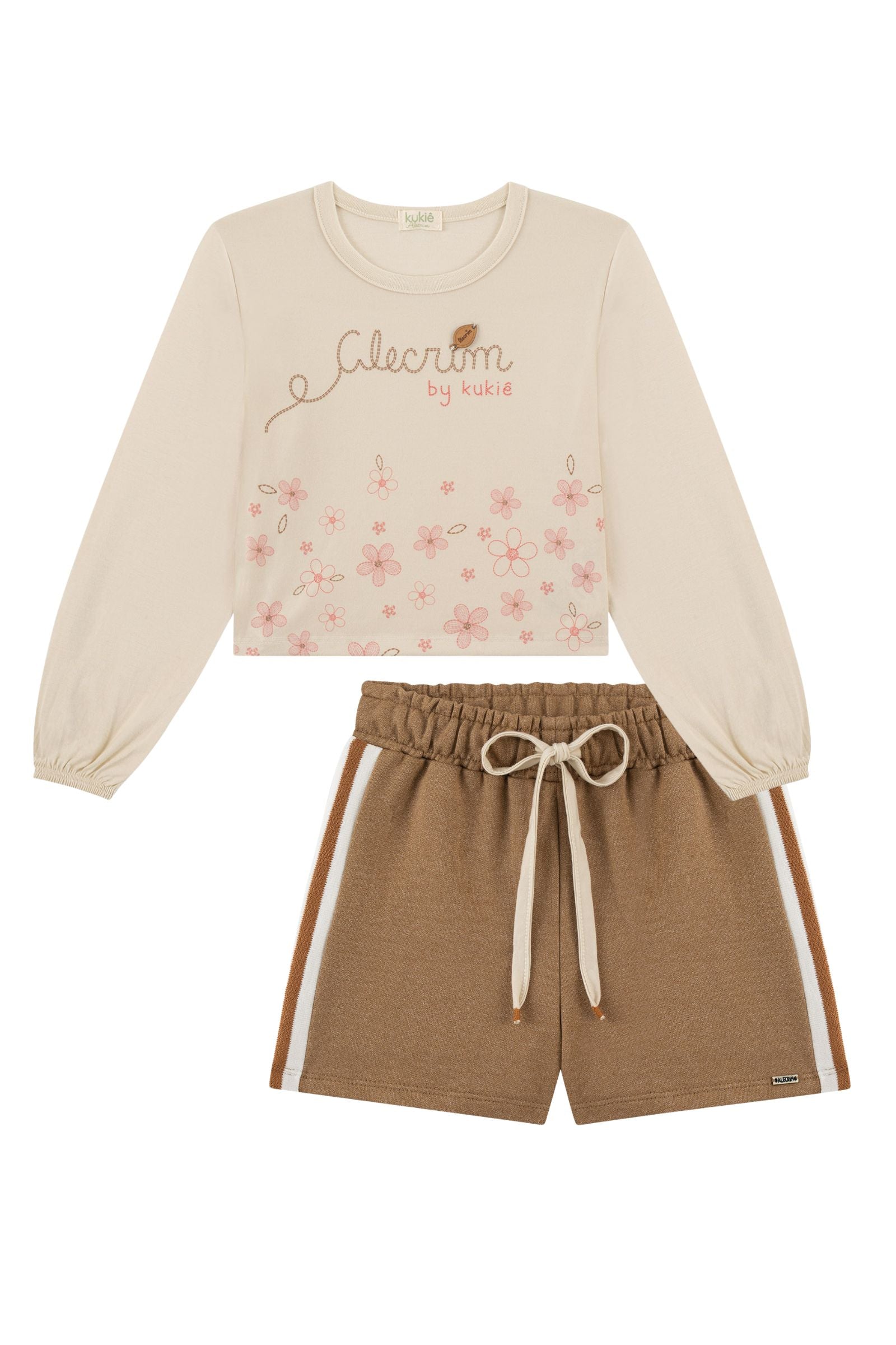 Conjunto de Blusa Boxy Over em Meia Malha e Shorts em Moletom Rajado sem Pelúcia 89592 Kukiê Infantil Menina