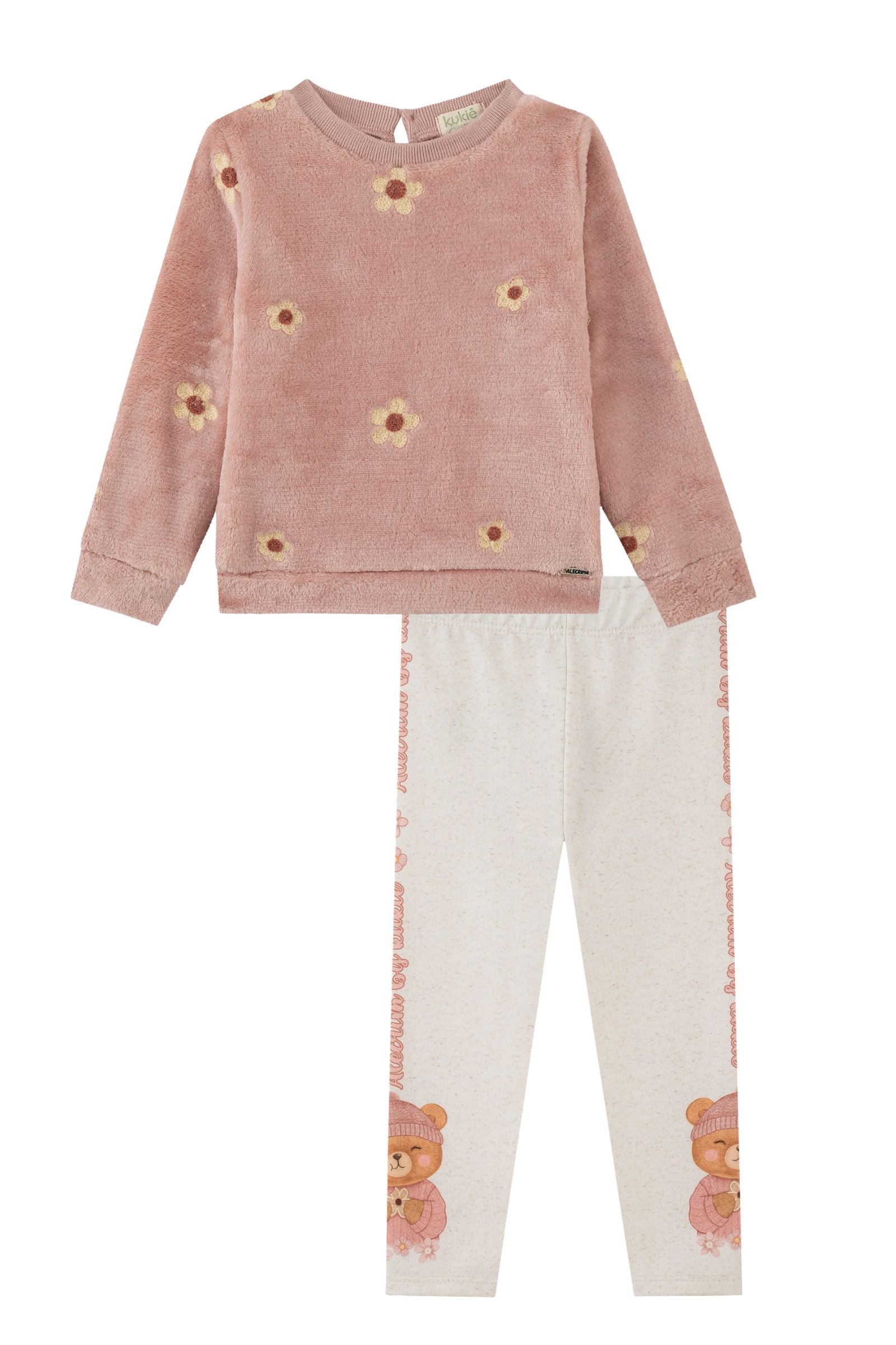 Conjunto de Blusão em Pêlo Bordado e Calça Legging em Termoskin Peluciado 92421 Kukiê Bebê Menina