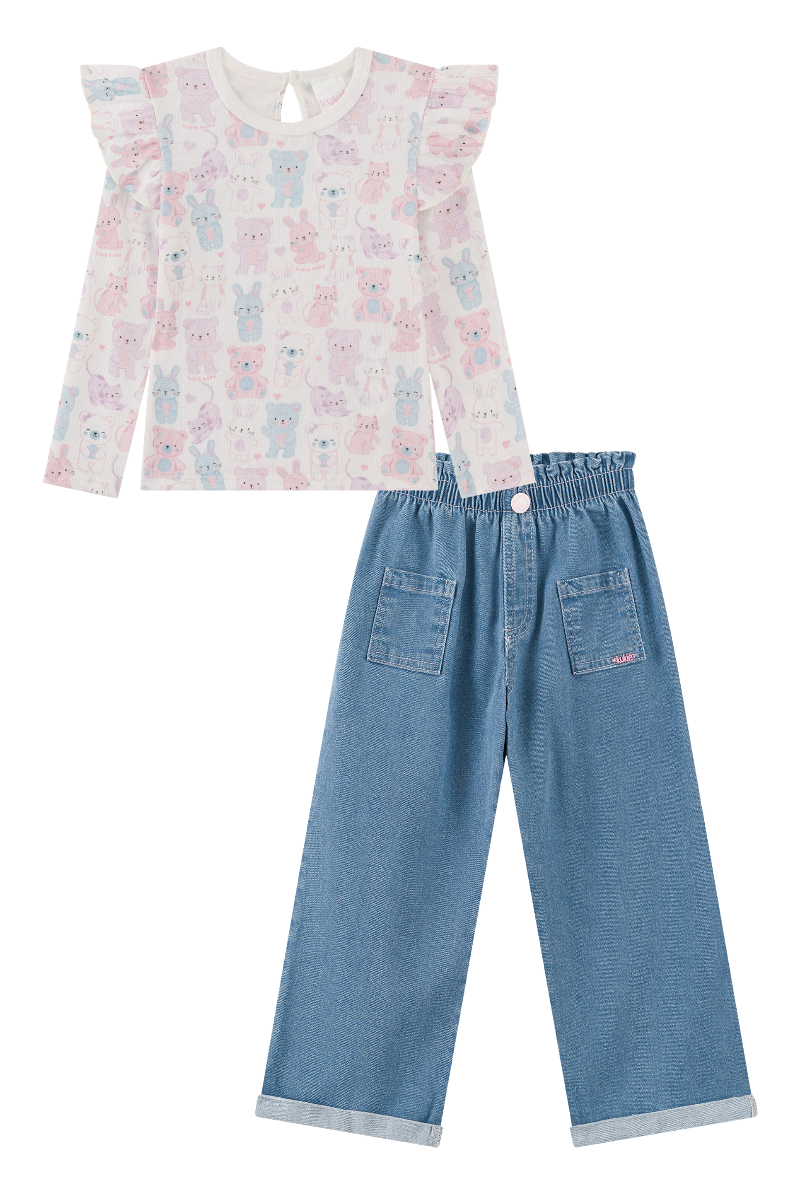 Conjunto de Blusa em Canelado Liz e Calça em Jeans Guga com Elastano 94241 Kukiê Infantil Menina