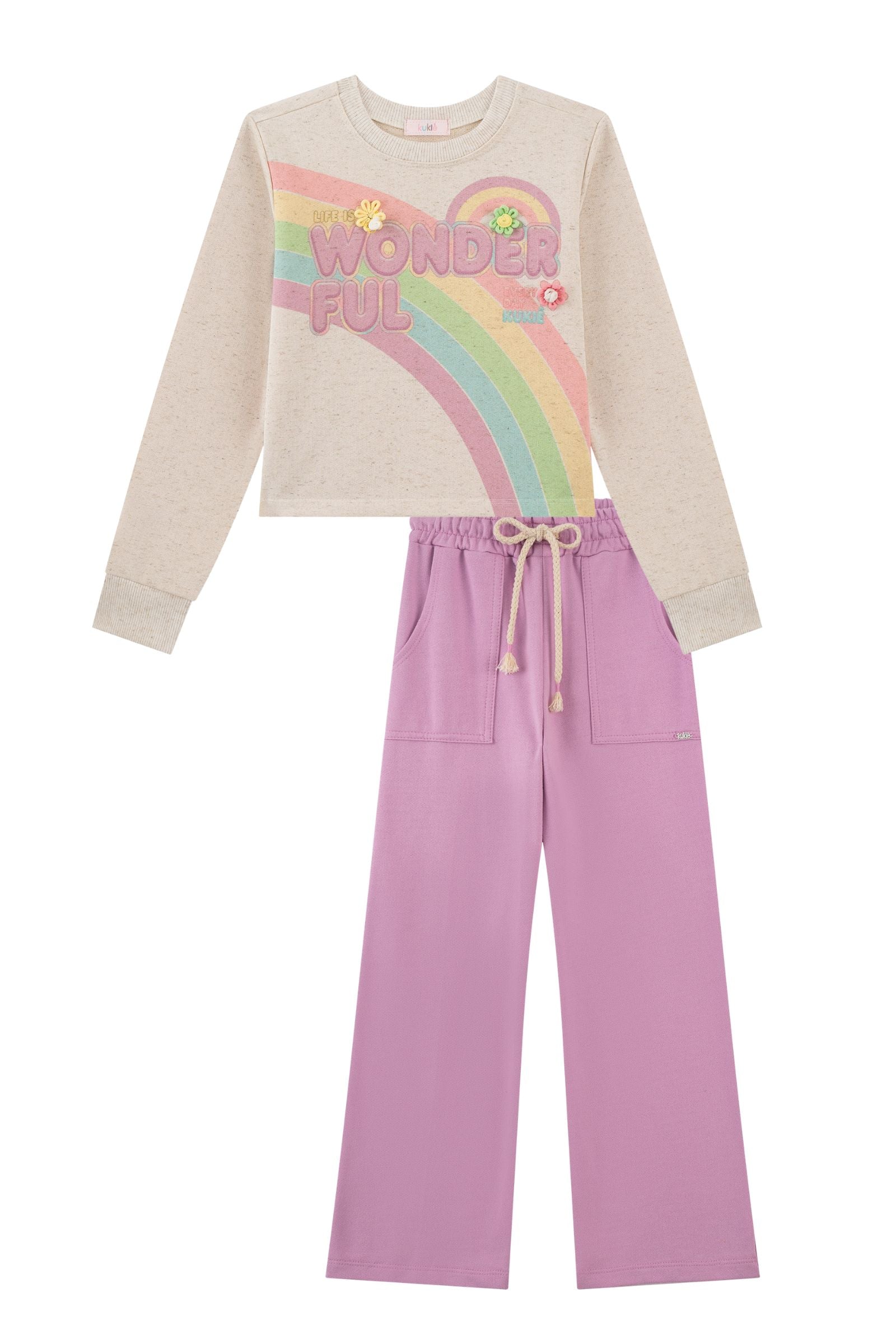 Conjunto de Blusa Boxy e Calça Wide Leg em Moletom sem Pelúcia 91706 Kukiê Infantil Menina