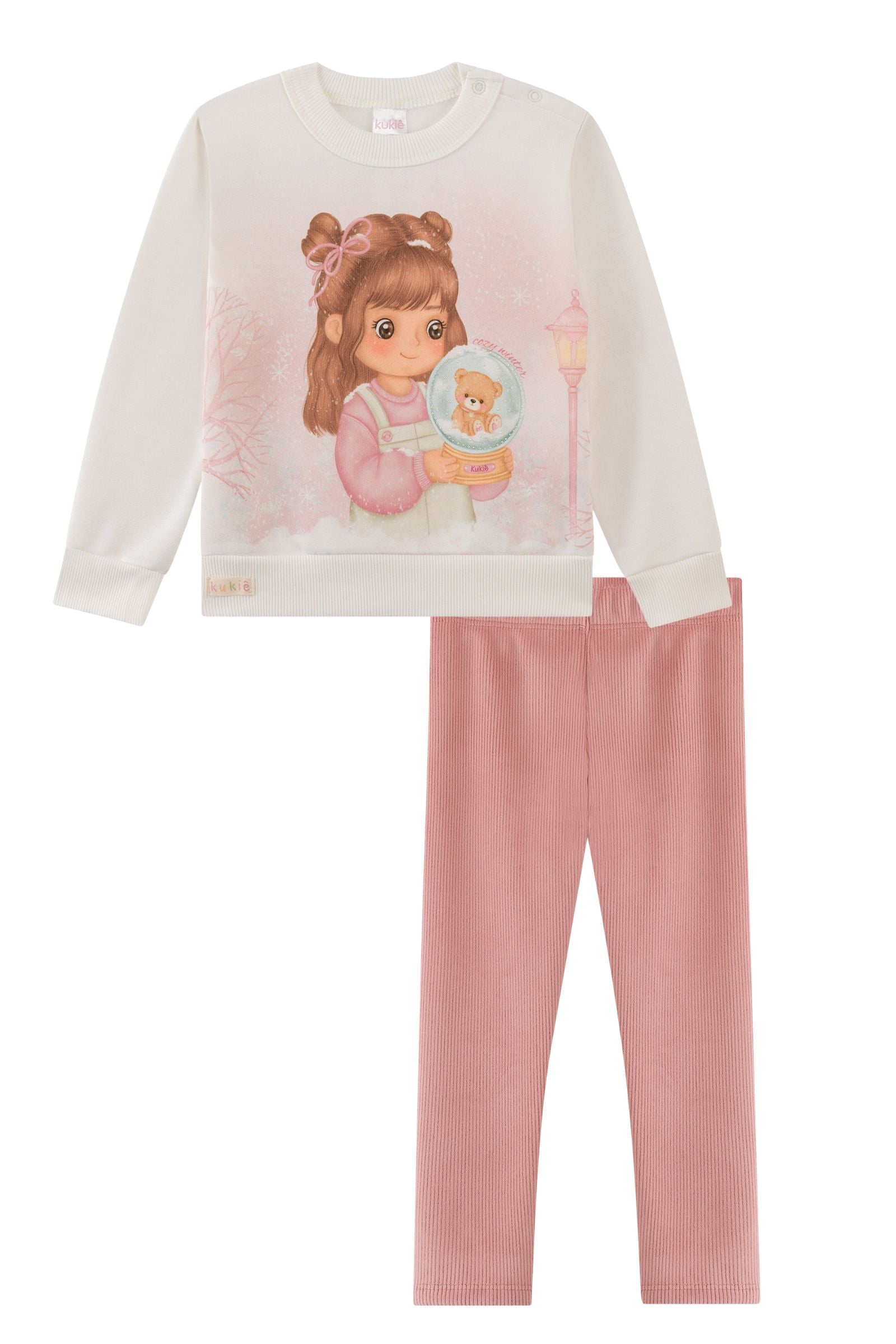 Conjunto de Blusão em Moletom com Pelúcia e Calça Legging em Fleece Cotelê com Elastano 92215 Kukiê Bebê Menina
