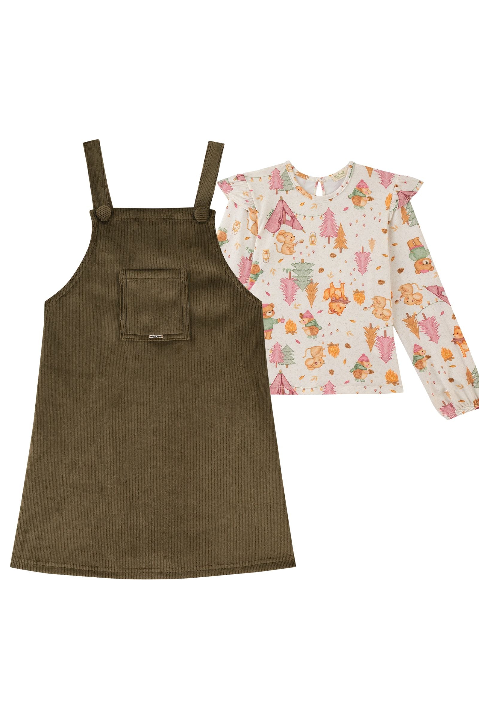 Conjunto de Blusa em Malha Comfy e Salopete em Cotelê Suede 89912 Kukiê Infantil Menina