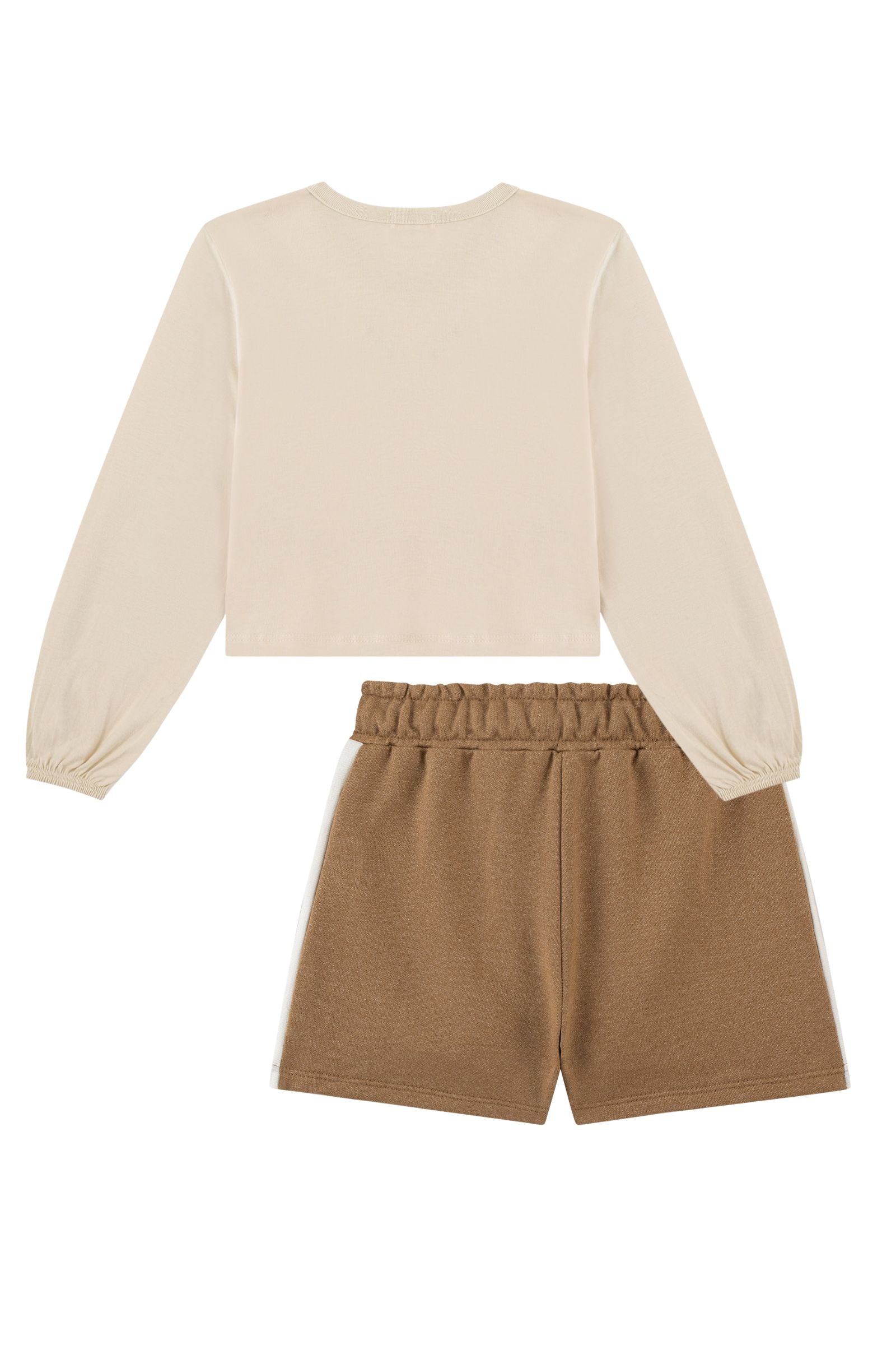Conjunto de Blusa Boxy Over em Meia Malha e Shorts em Moletom Rajado sem Pelúcia 89592 Kukiê Infantil Menina