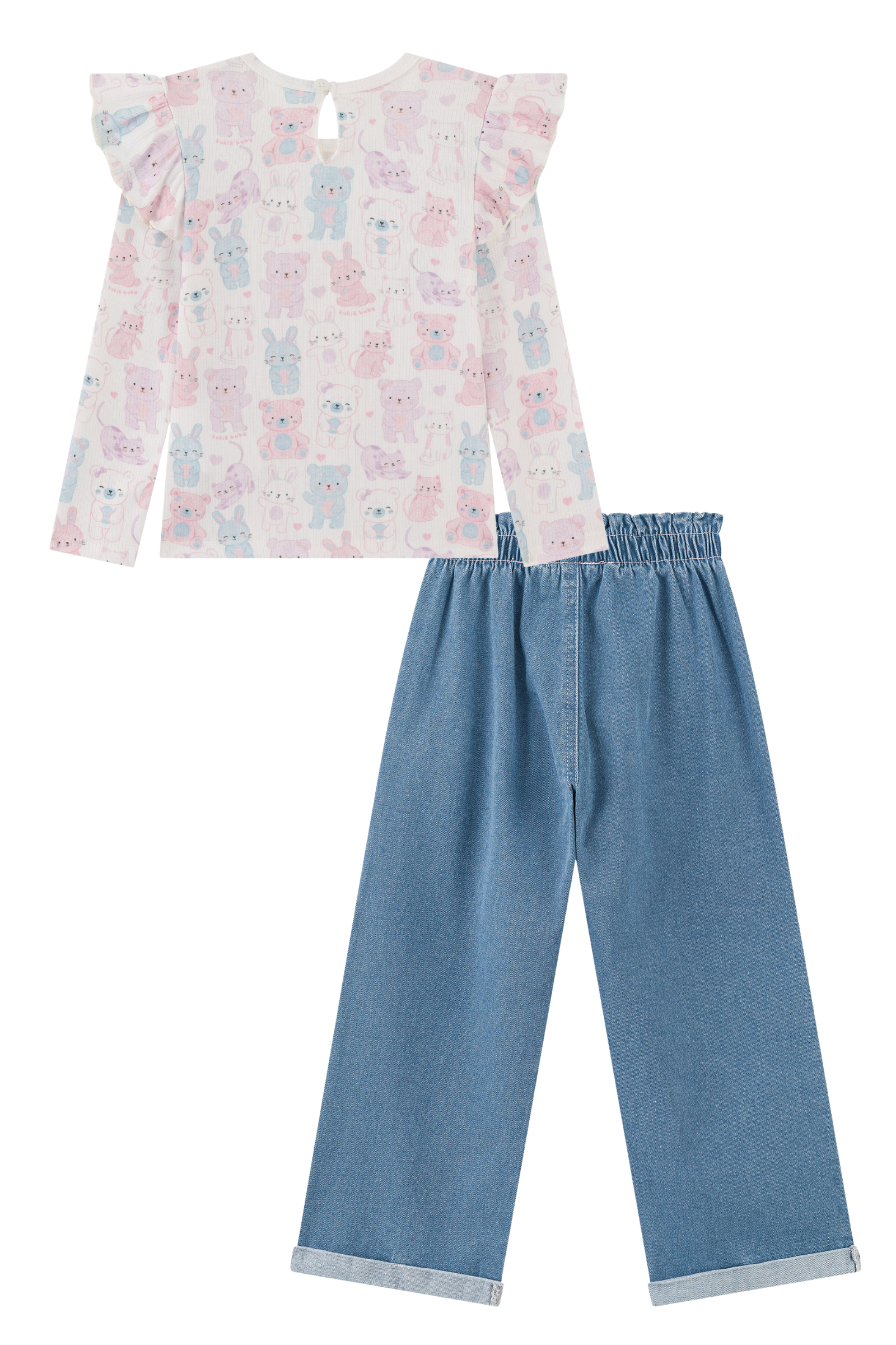 Conjunto de Blusa em Canelado Liz e Calça em Jeans Guga com Elastano 94241 Kukiê Infantil Menina