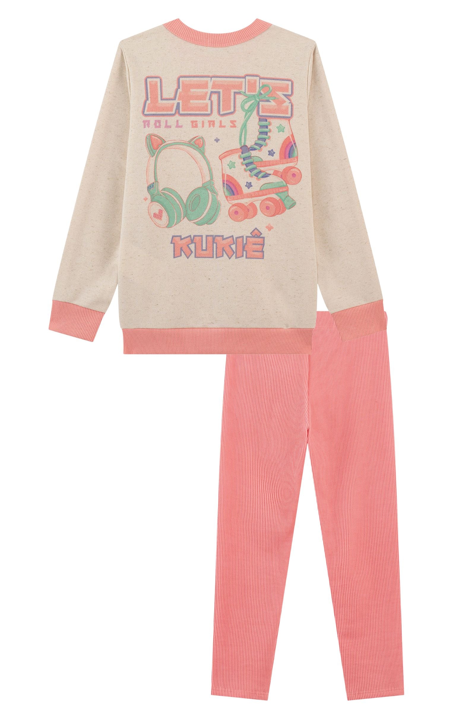 Conjunto de Blusão Alongado em Moletom Linho S/ Pelúcia e Calça Legging em Soft Line 90654 Kukiê Infantil Menina