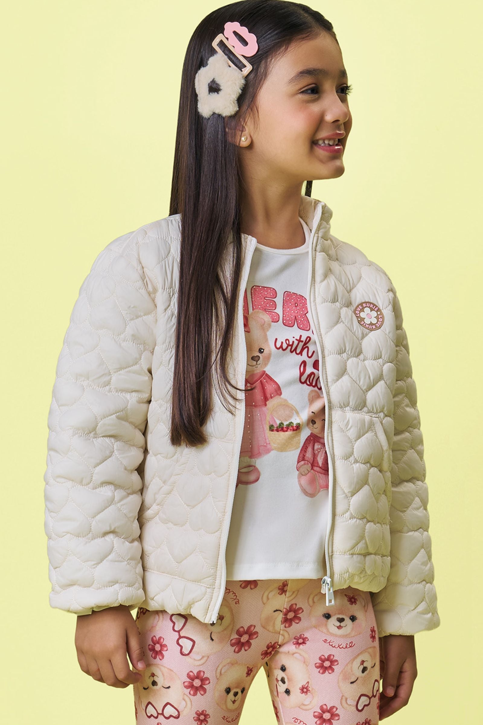 Jaqueta Puffer em Nylon Matelasse Coração 89240 Kukiê Infantil Menina
