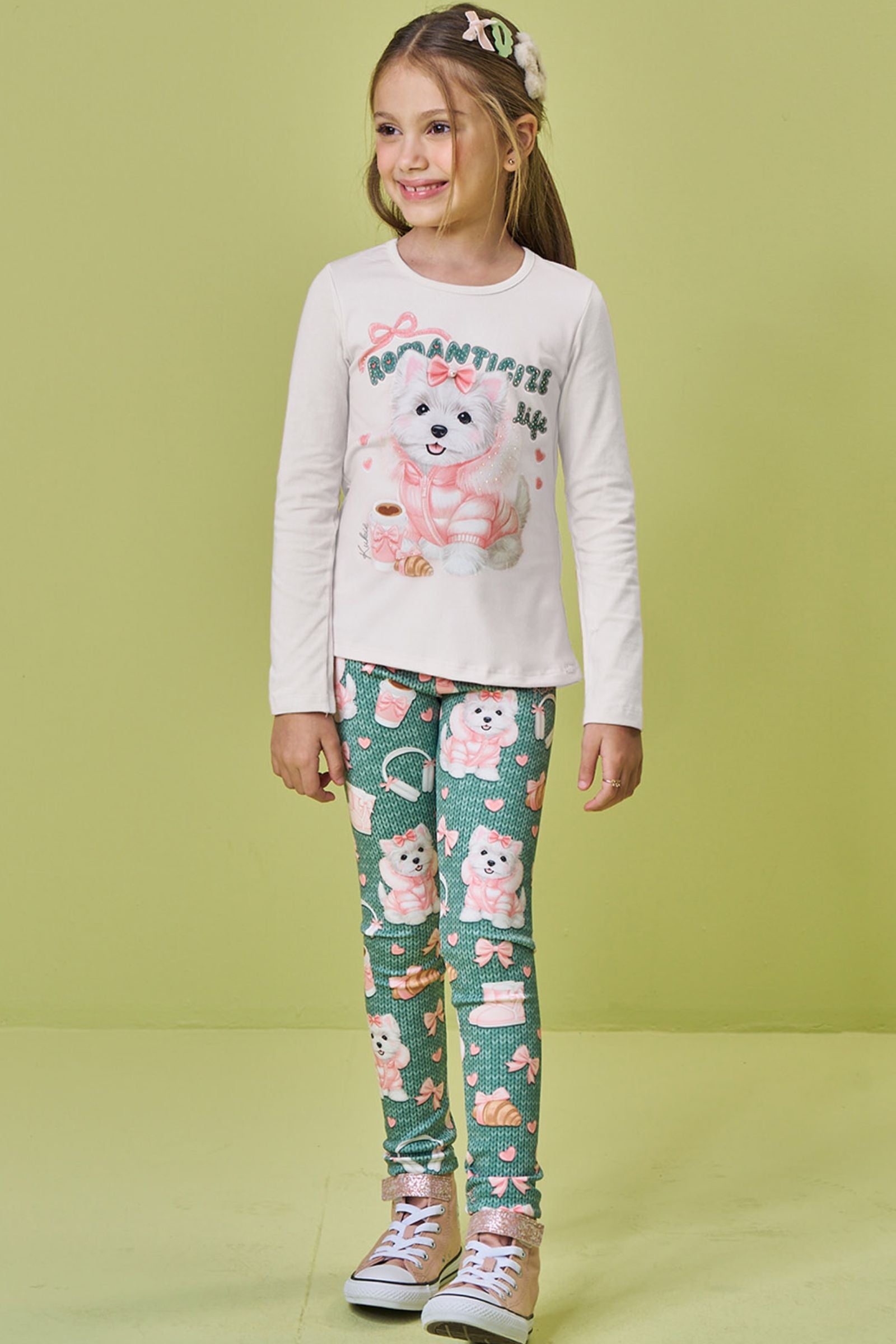 Conjunto de Blusa Alongada em Cotton e Calça Legging em Fly Tech 90303 Kukiê Infantil Menina