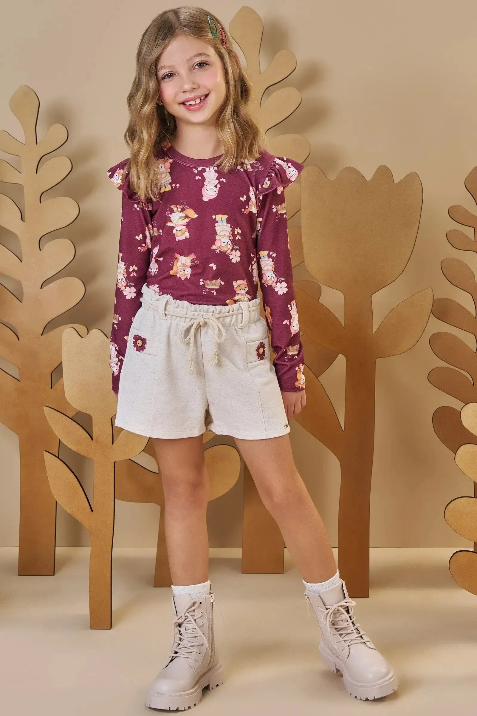 Conjunto de Blusa em Malha Power com Shorts em Moletom sem Pelúcia 90573 Infanti Infantil Menina