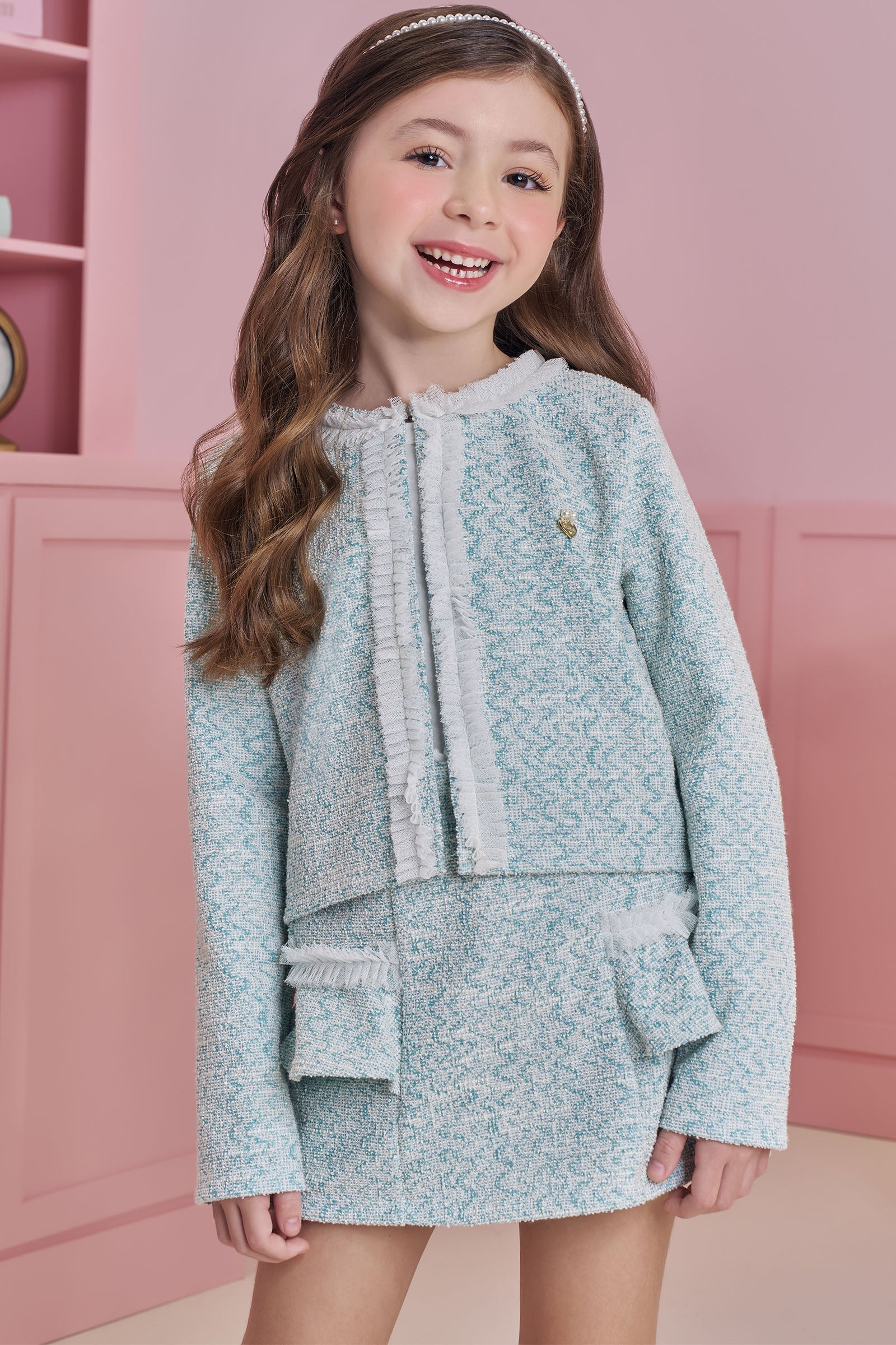 Conjunto de Casaqueto e Short Saia em Tweed Comfy 90922 Kukiê Infantil Menina