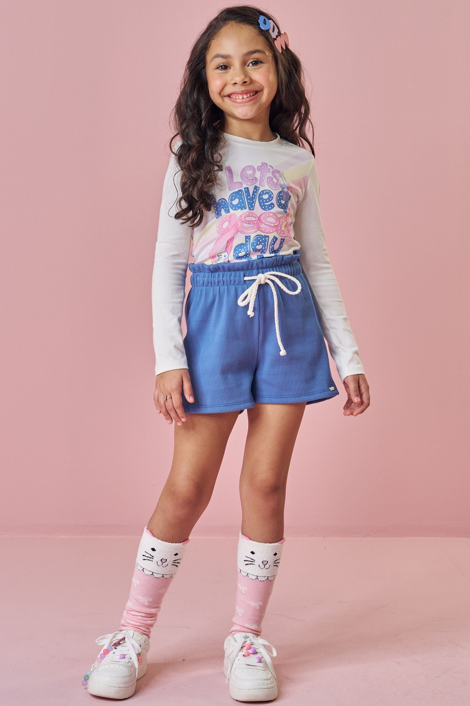 Conjunto de Blusa em Cotton e Shorts em Soft Line 91675 Kukiê Infantil Menina