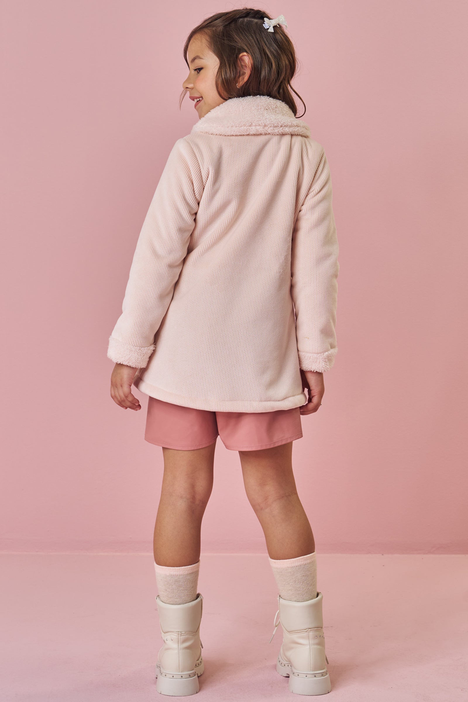 Sobretudo em Veludo Cotelê Dublado com Pelo Carneirinho 91678 Kukiê Infantil Menina