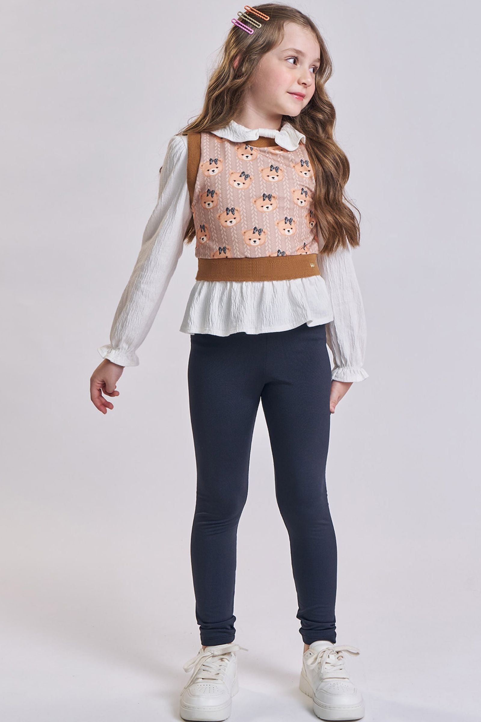 Trio de Bata em Malha Wave Calça Legging em Termoskin e Colete em Molecotton 91746 Kukiê Infantil Menina