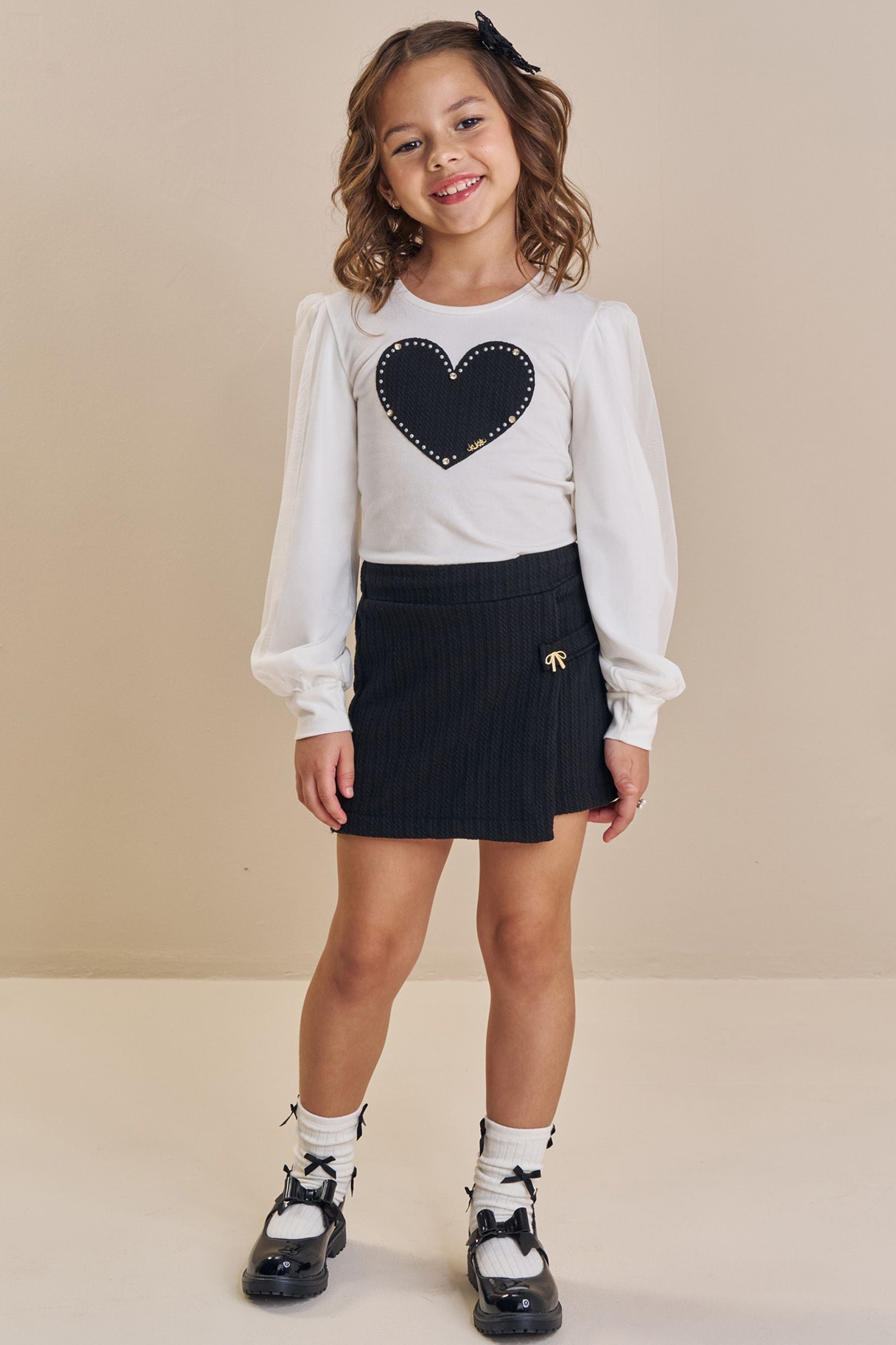 Conjunto de Blusa em Cotton e Tule com Elastano e Short Saia em Malha Jacquard Tricot 91813 Kukiê Infantil Menina