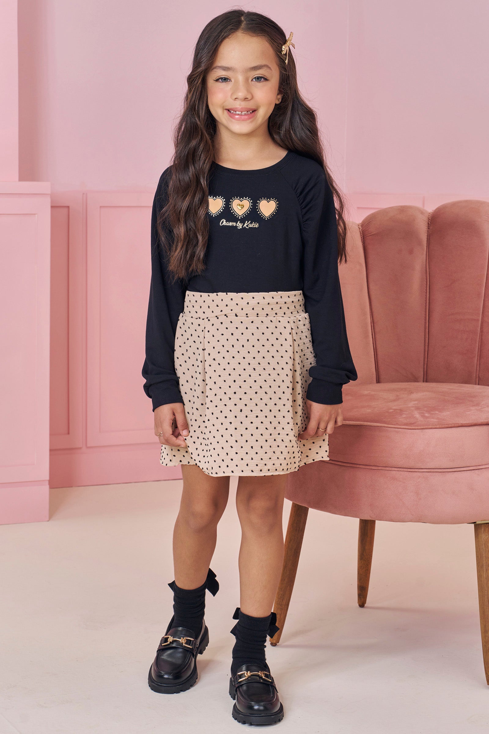 Conjunto de Blusa em Molevisco e Saia em Crepe Textura Poá (com Shorts Embutido) 91817 Kukiê Infantil Menina