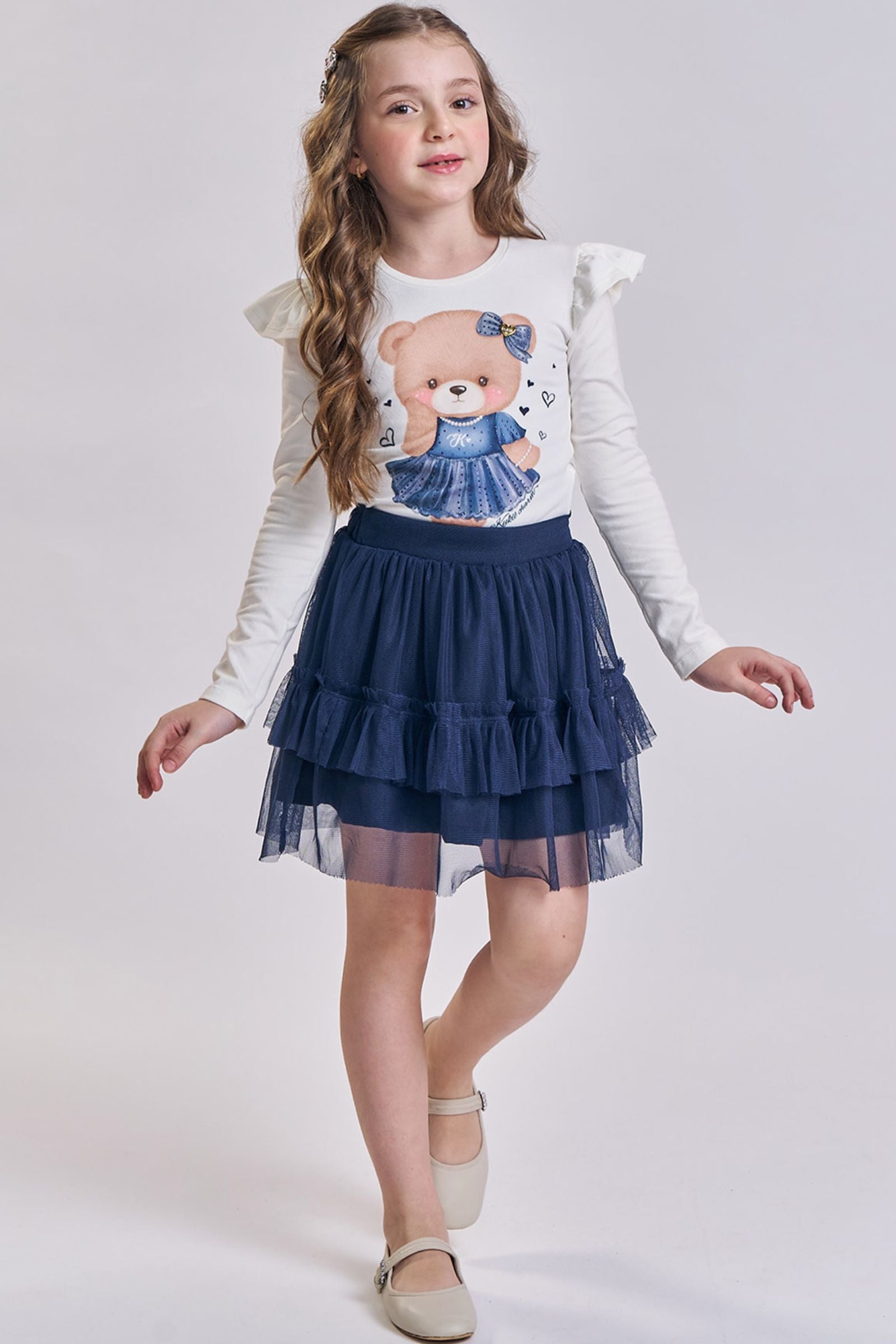 Conjunto de Blusa em Cotton e Saia em Tule com Elastano (com Shorts Embutido) 91858 Kukiê Infantil Menina