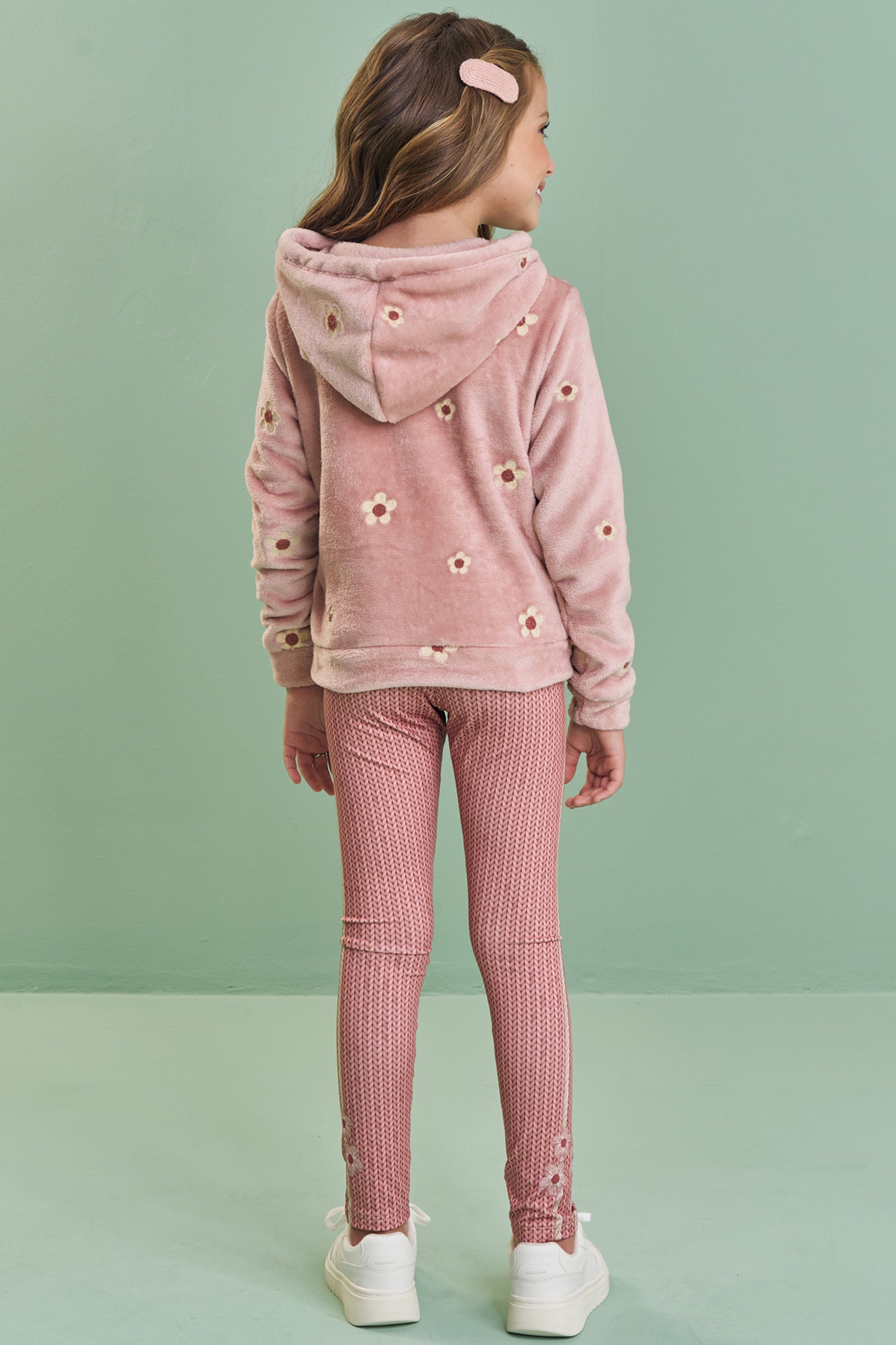 Conjunto de Blusão em Pêlo Bordado e Calça Legging em Termoskin Peluciado 92445 Kukiê Infantil Menina