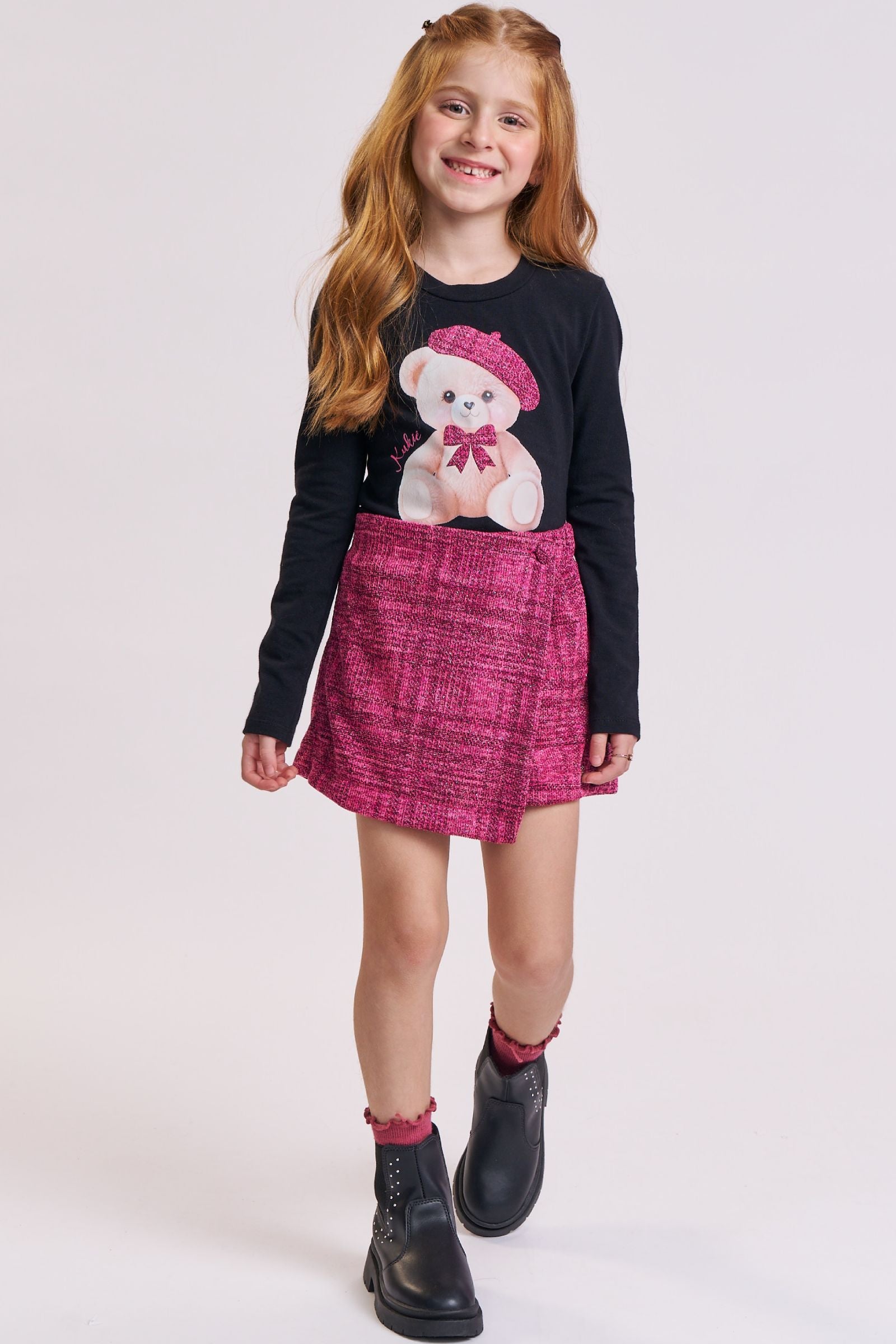 Conjunto de Blusa em Cotton e Short Saia em Malha Tweed Brilho 92501 Kukiê Infantil Menina