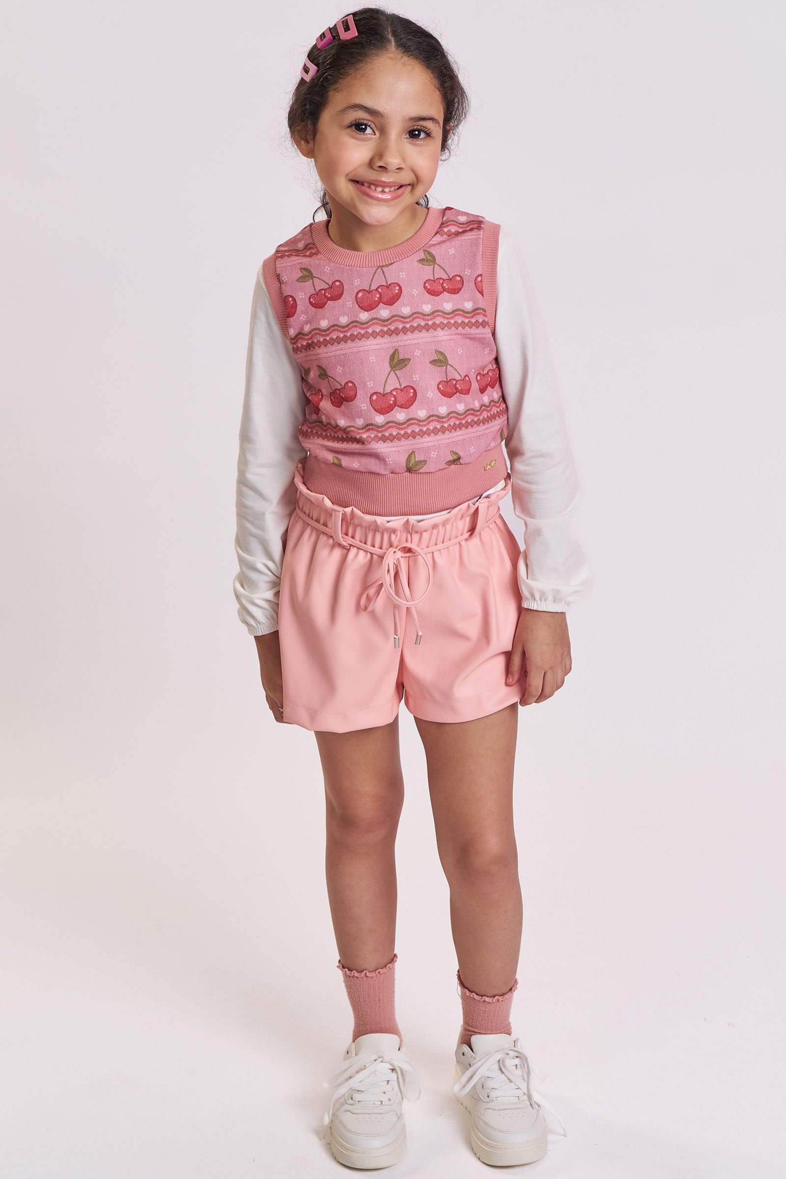 Trio de Blusa em Cotton Shorts em Couro Eco e Colete em Molecotton 92644 Kukiê Infantil Menina