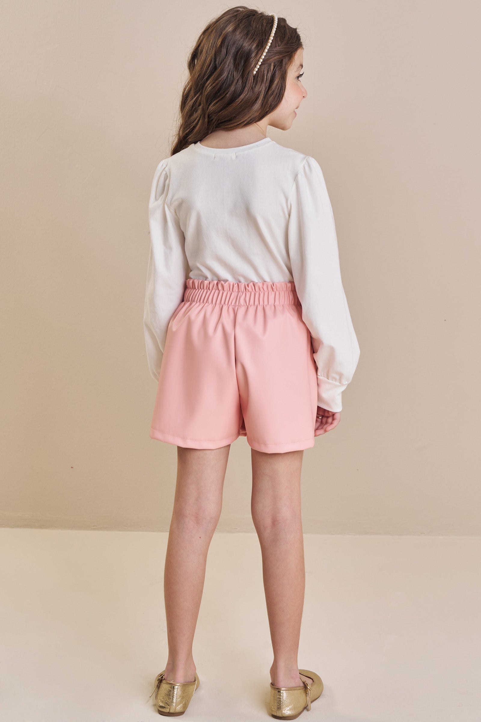 Conjunto de Blusa em Cotton e Short Saia em Couro Eco 93781 Kukiê Infantil Menina