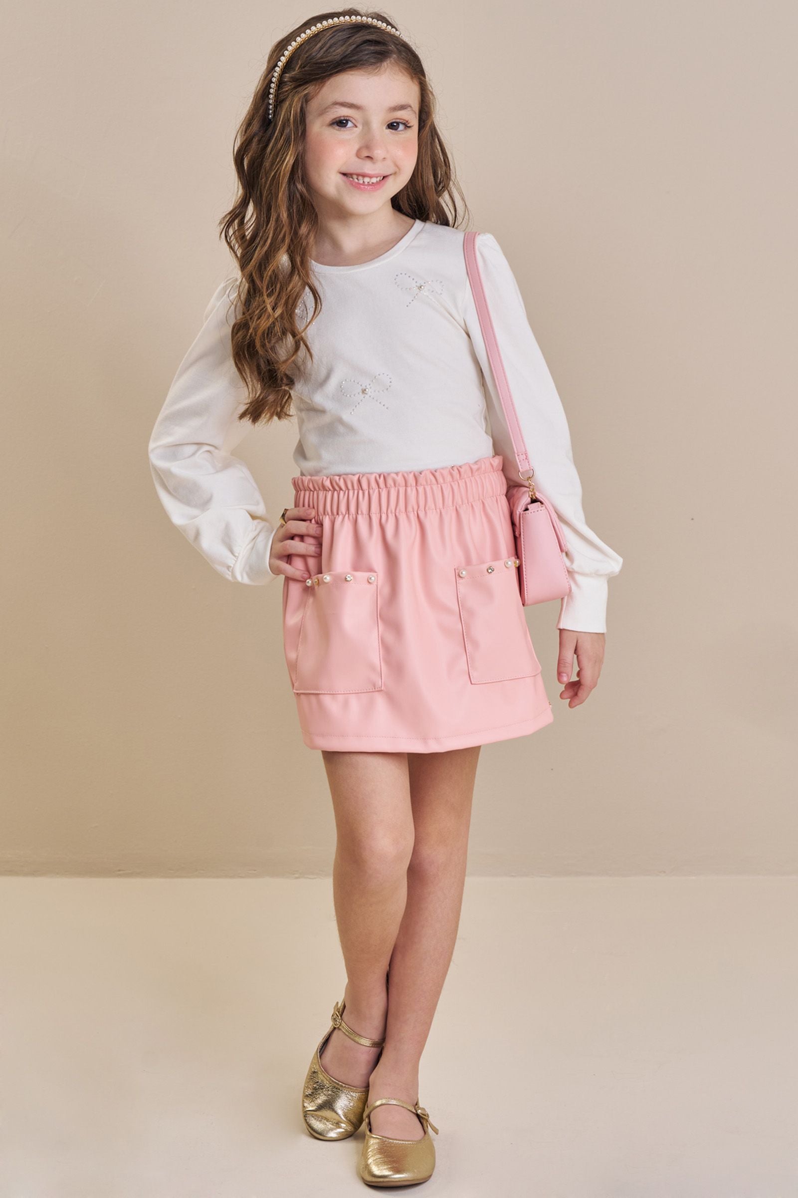 Conjunto de Blusa em Cotton e Short Saia em Couro Eco 93781 Kukiê Infantil Menina
