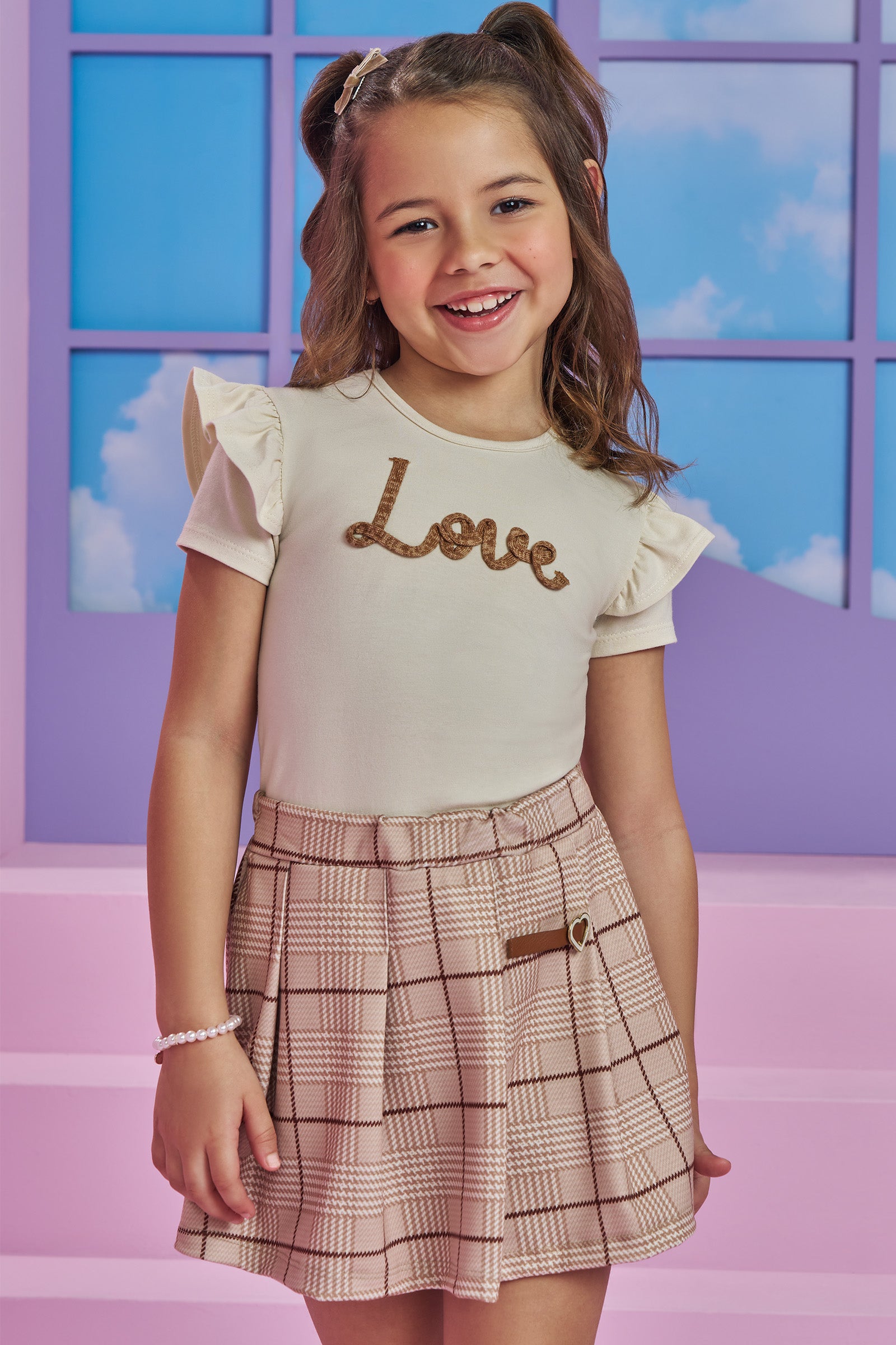 Conjunto de Blusa em Canelado Liz e  Short Saia em Molecotton 93881 Kukiê Infantil Menina