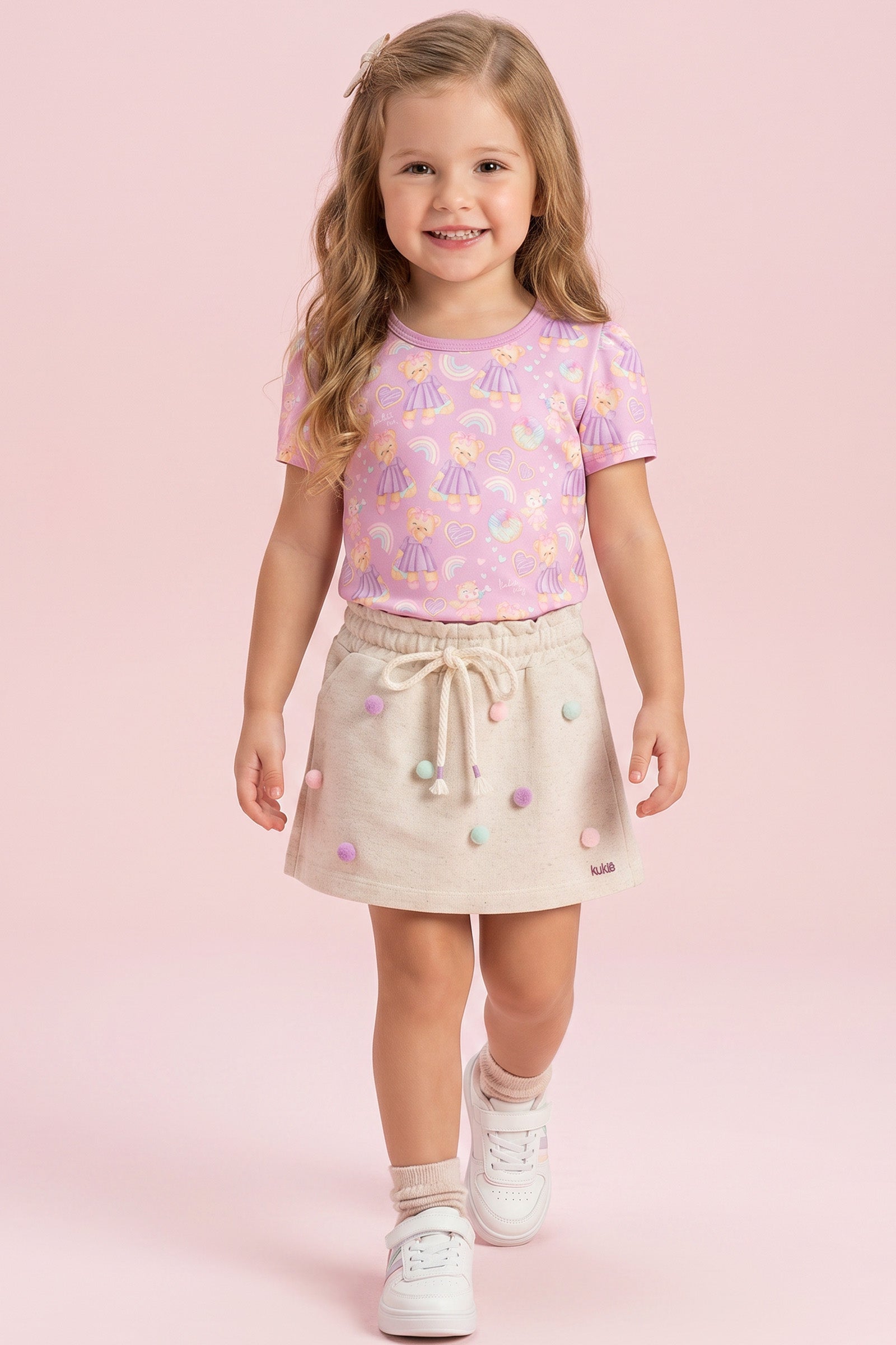 Conjunto de Blusa em Malha Power e Short Saia em Moletom sem Pelúcia 94198 Kukiê Infantil Menina