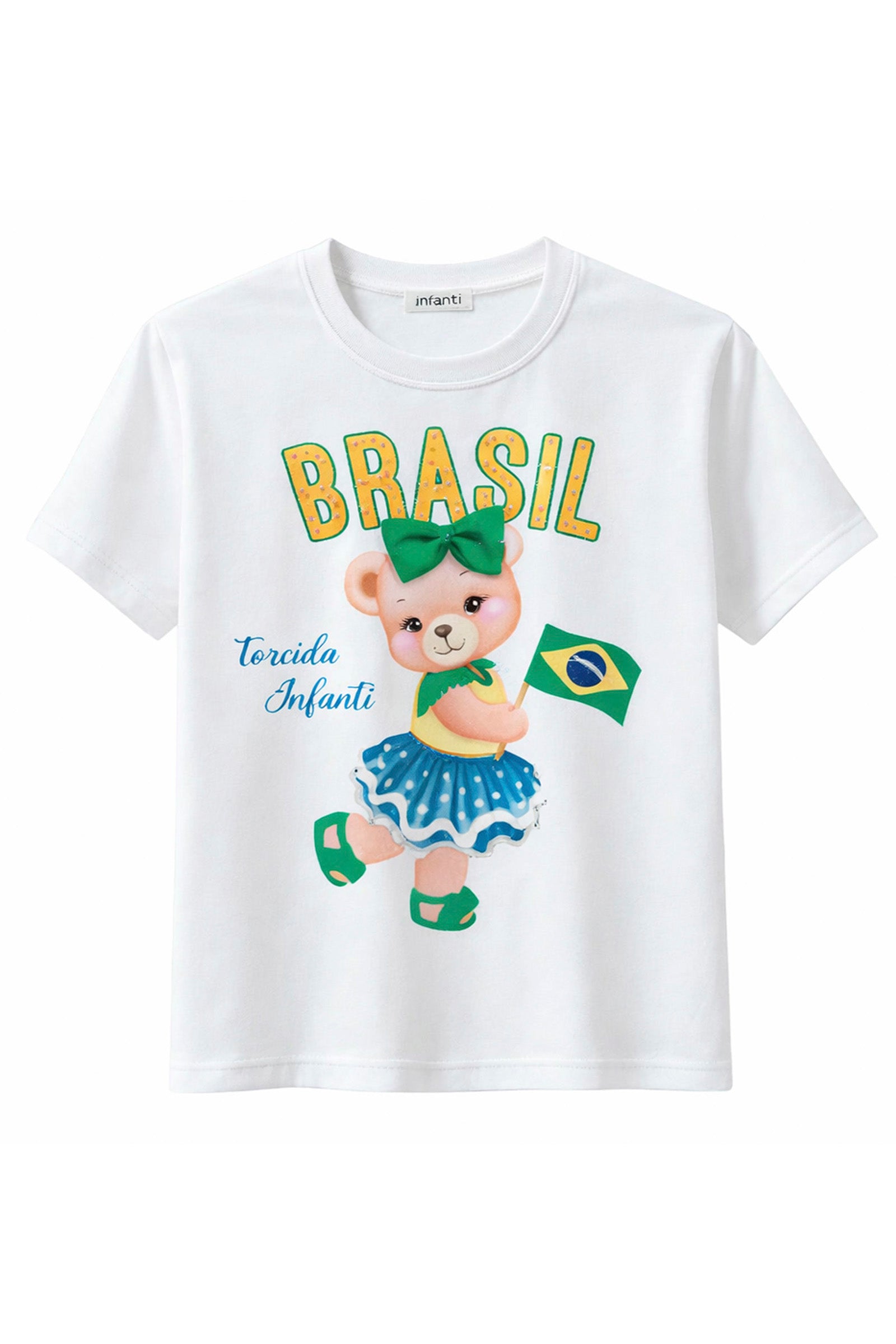 Blusa em Meia Malha Algodão Prime Conforto Para Vibrar Pelo Brasil! Estampa com a Ursinha Da Torcida Infanti Laço Aplicado e Detalhes em Strass. 99741 Infanti Infantil Menina