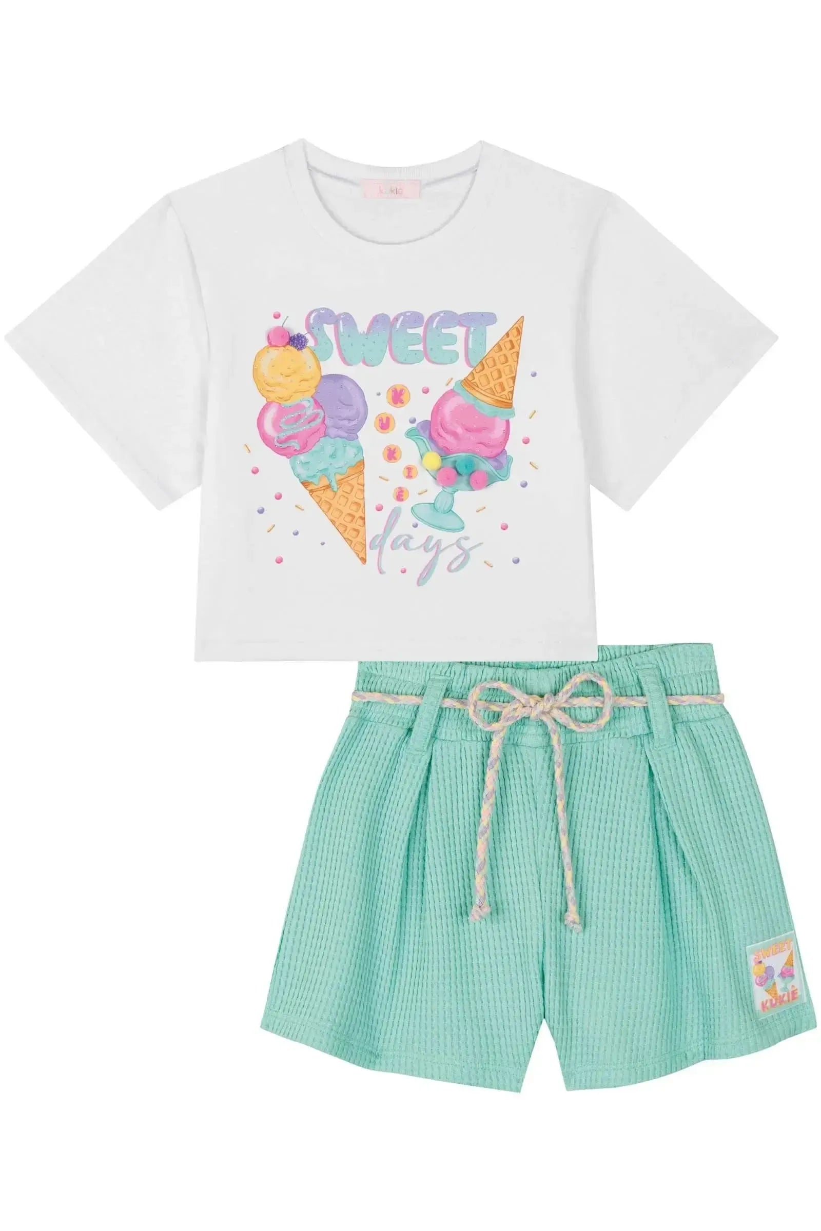 Blusa Boxy Over em Meia Malha e Shorts em Moletinho Big Waffle 83235 Kukiê Infantil Menina