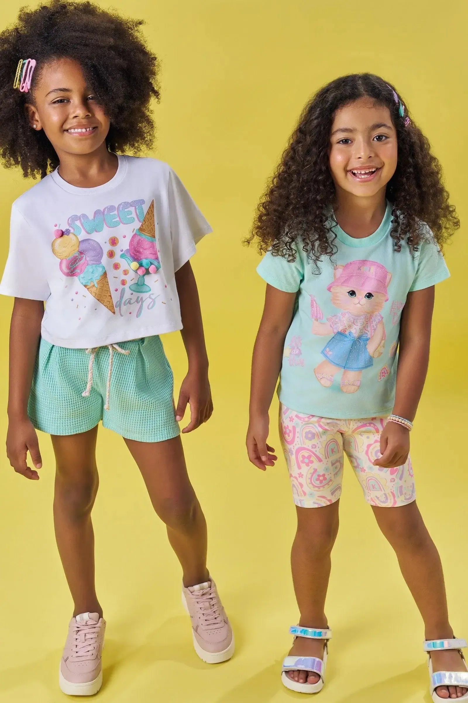Blusa Boxy Over em Meia Malha e Shorts em Moletinho Big Waffle 83235 Kukiê Infantil Menina