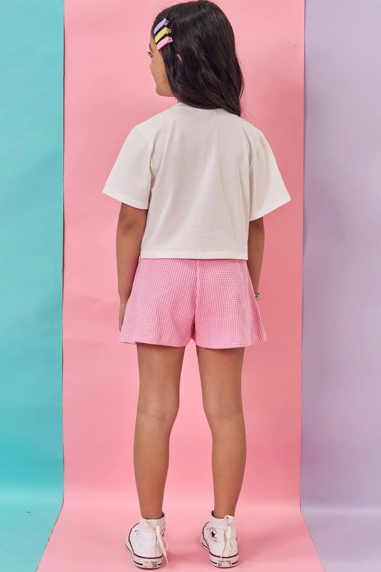 Blusa Boxy Over em Meia Malha e Shorts em Moletinho Big Waffle 83235 Kukiê Infantil Menina