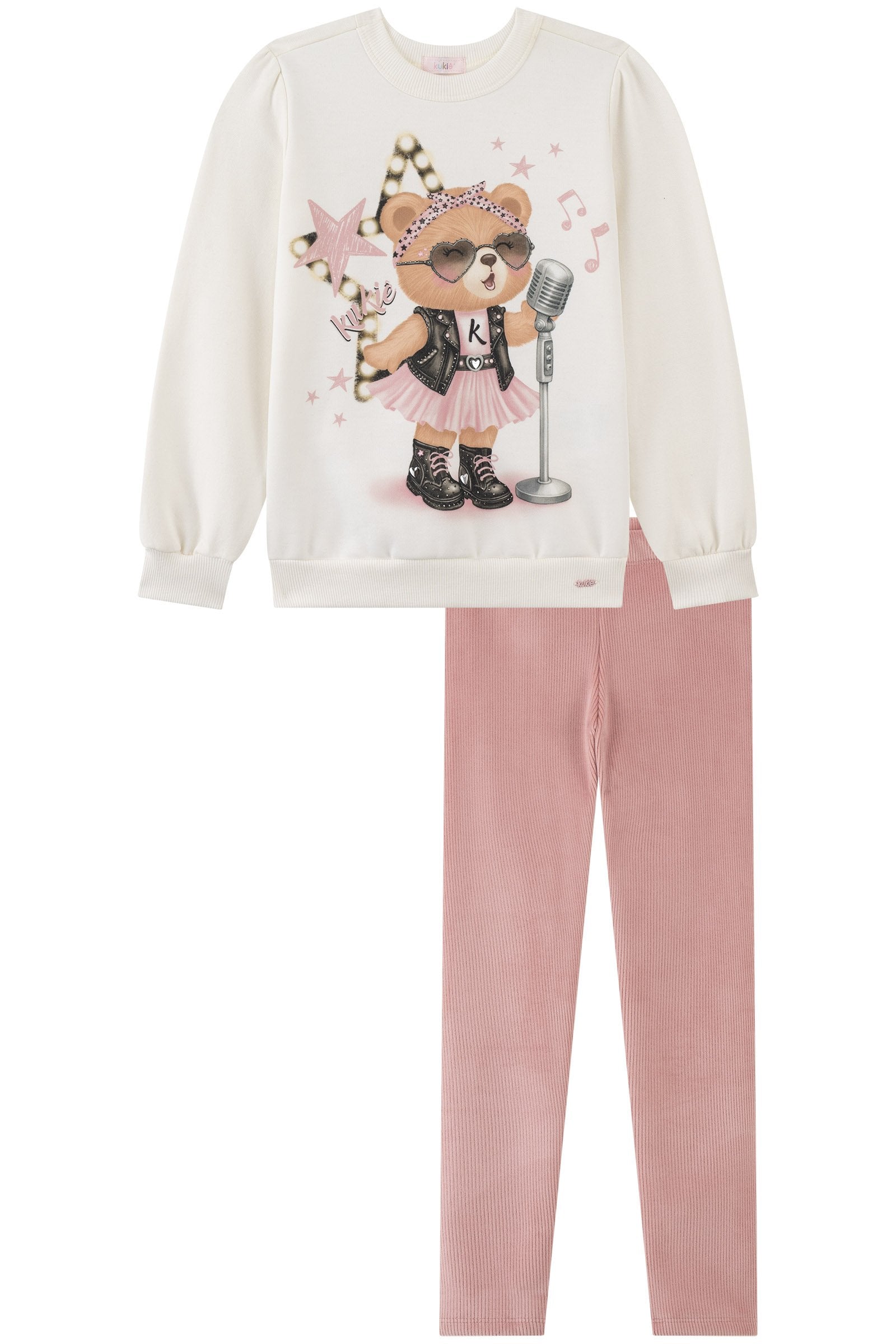 Conj. de Blusão Along. em Moletom C/ Pelúcia e Calça Legging em Fleece Cotelê com Elastano 90644 Kukiê Infantil Menina