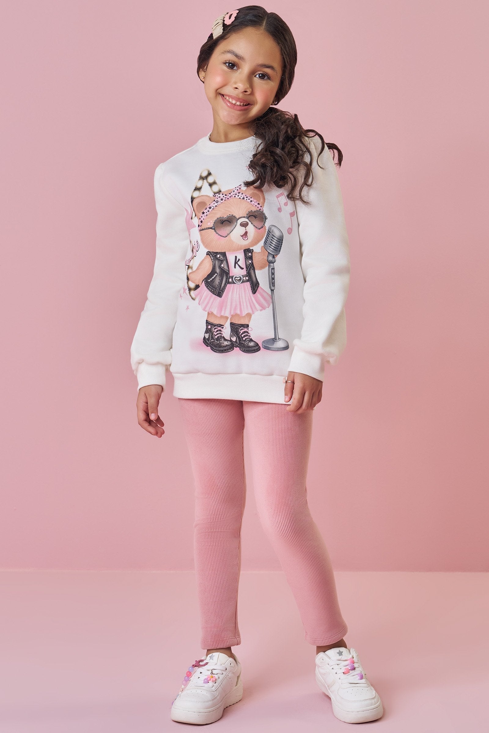 Conj. de Blusão Along. em Moletom C/ Pelúcia e Calça Legging em Fleece Cotelê com Elastano 90644 Kukiê Infantil Menina