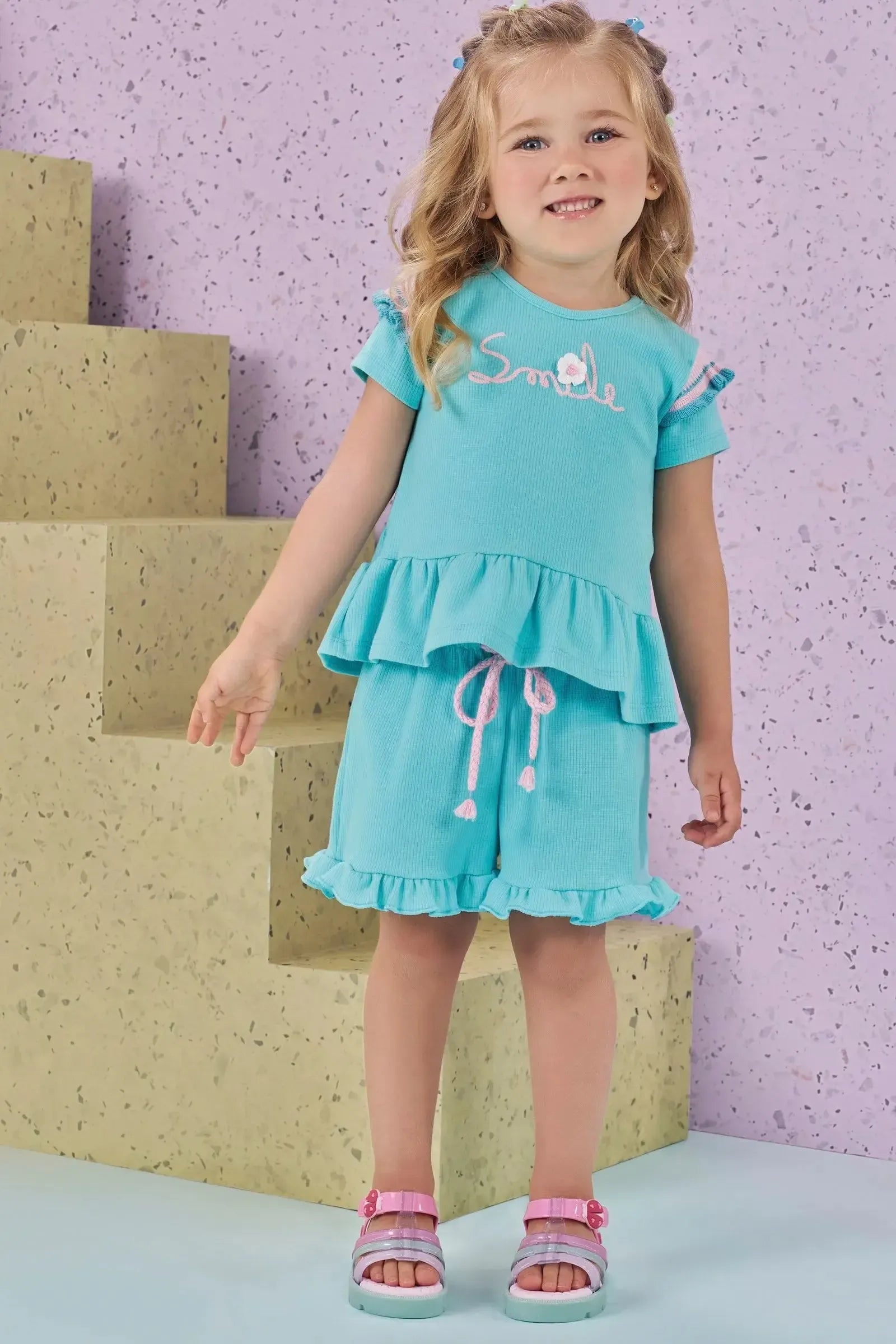 Conjunto de Bata e Shorts em Canelado Liz 86814 Kukiê Bebê Menina