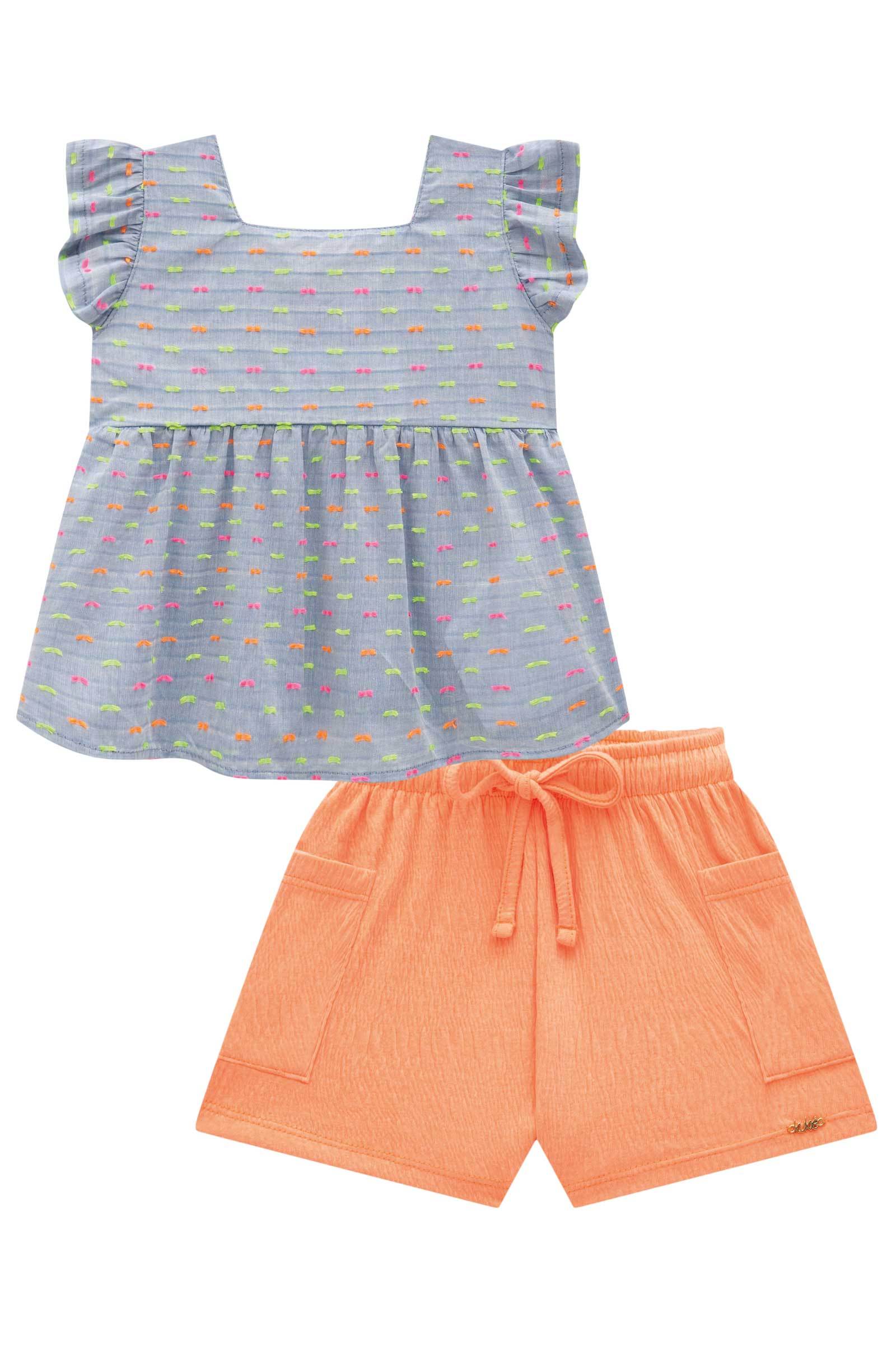 Conjunto de Bata em Chambray e Shorts em Malha Elastic 78143 Kukiê