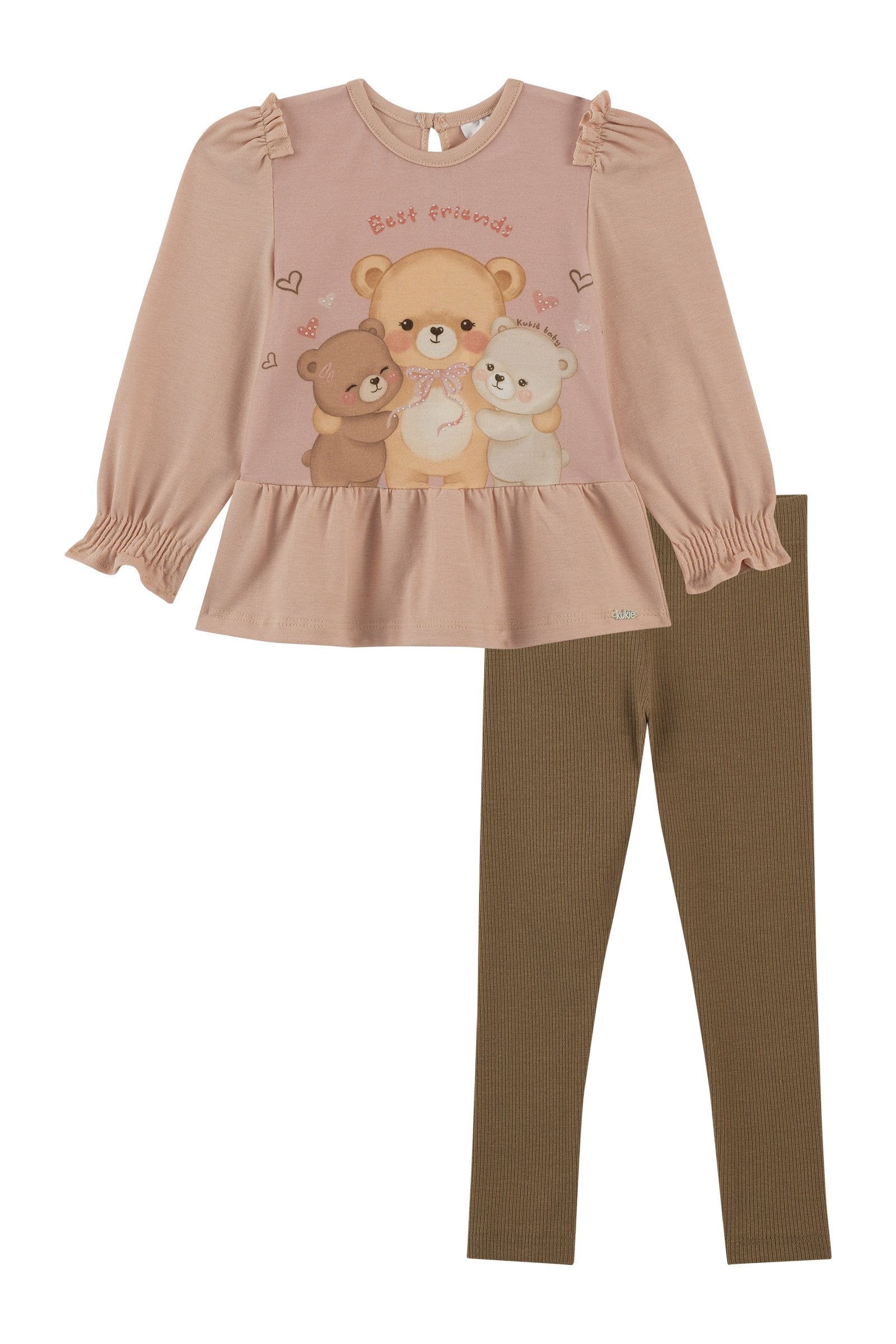 Conjunto de Bata em Cotton e Calça Legging em Canelado 92192 Kukiê Bebê Menina