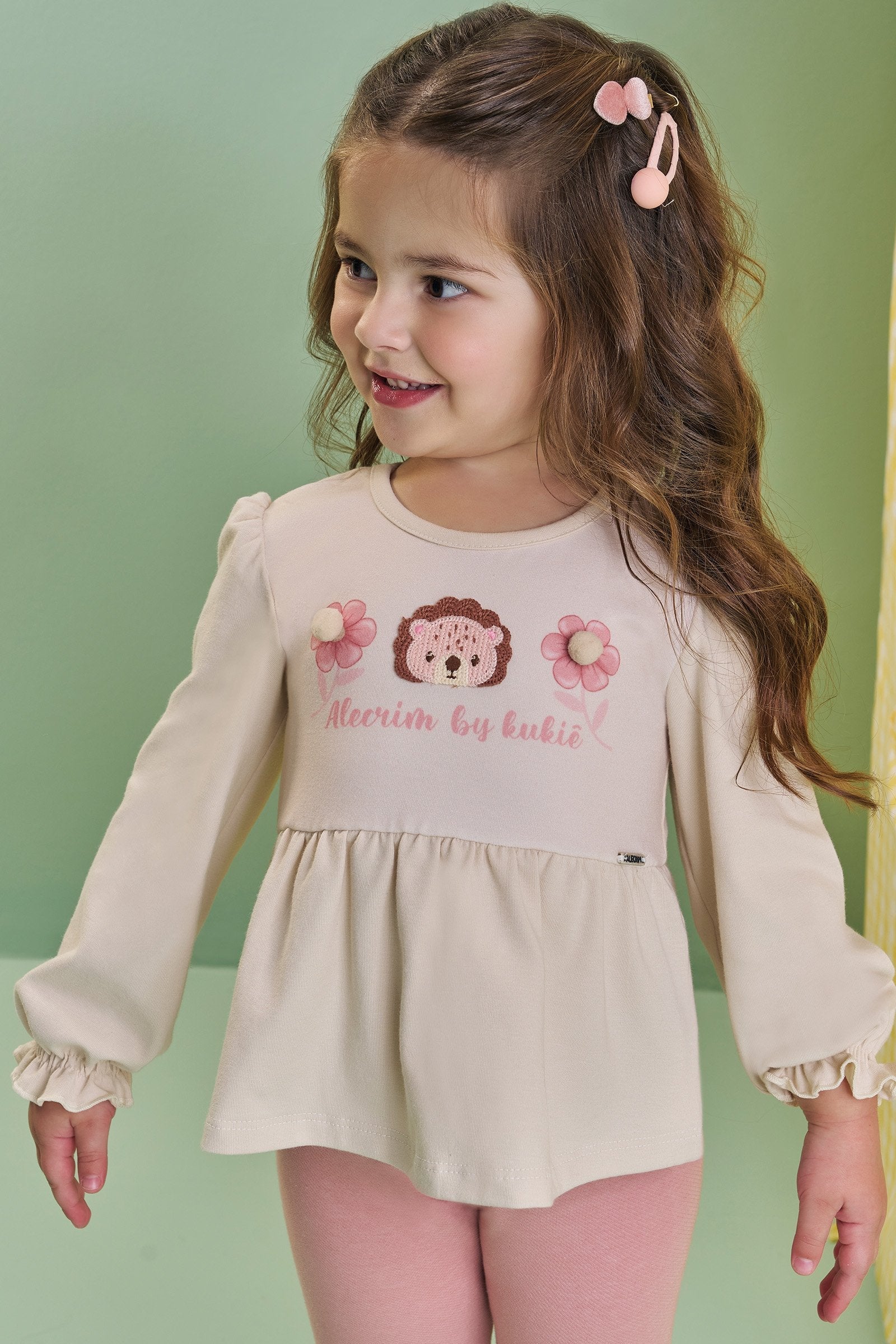 Conjunto de Bata em Cotton e Calça Legging em Cotton Jeans 89879 Kukiê Bebê Menina