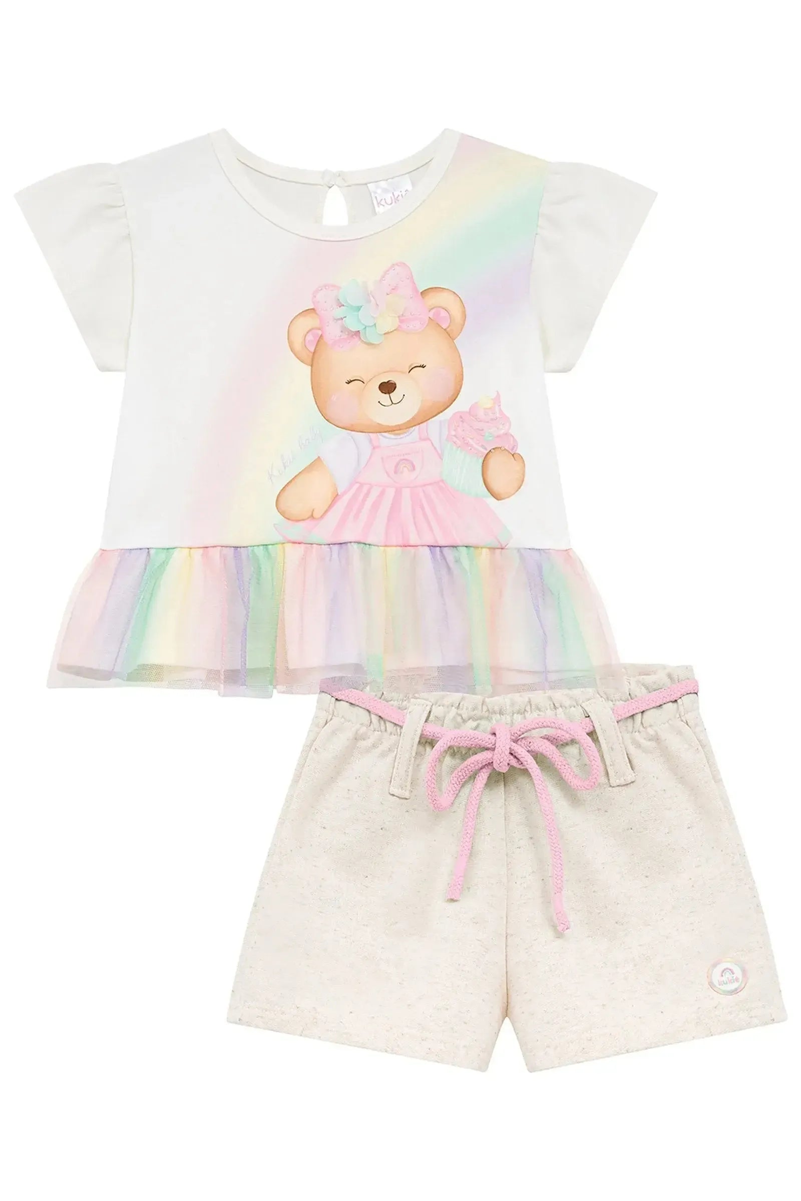 Conjunto de Bata em Cotton e Tule com Elastano e Shorts em Moletom Linho sem Pelúcia 95350 Kukiê Infantil Menina