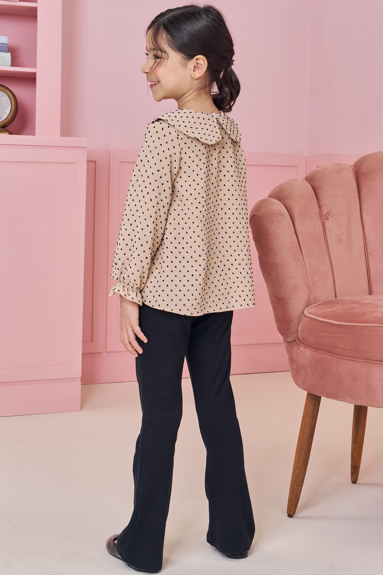 Conjunto de Bata em Crepe Textura Poá e Calça Boot Cut em Canelado 90920 Kukiê Infantil Menina