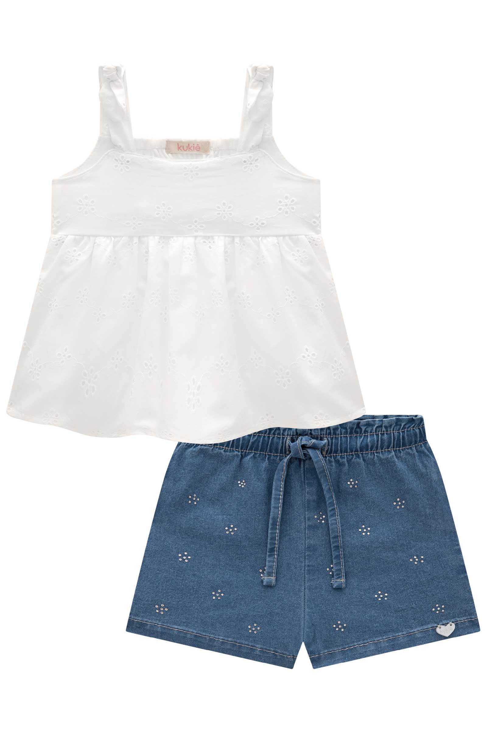 Conjunto de Bata em Laise e Shorts em Jeans com Elastano 77484 Kukiê