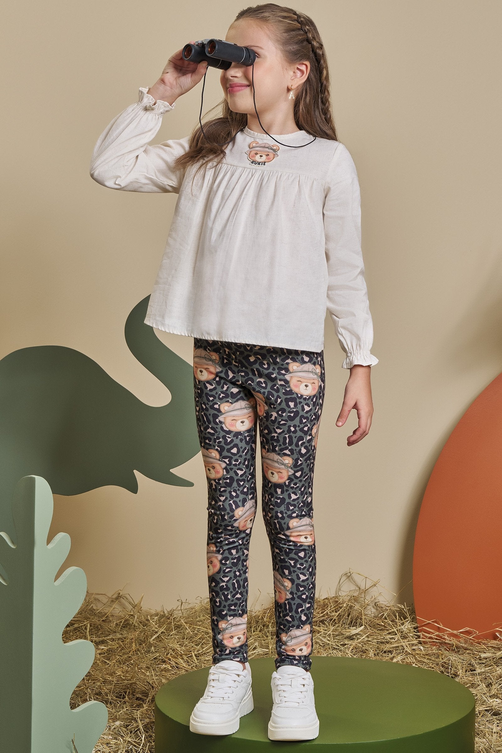 Conjunto de Bata em Linho e Calça Legging em Molecotton 90589 Kukiê Infantil Menina