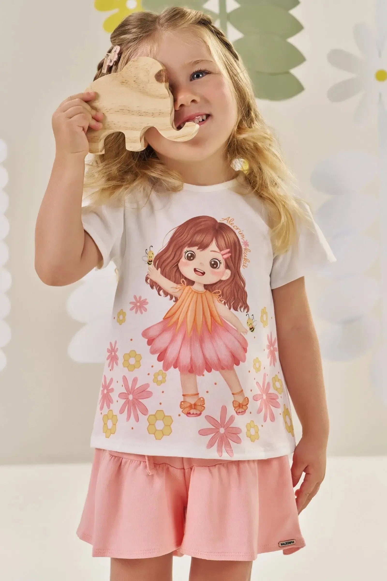 Conjunto de Bata em Malha Fresh e Shorts em Molevisco 88975 Kukiê Bebê Menina